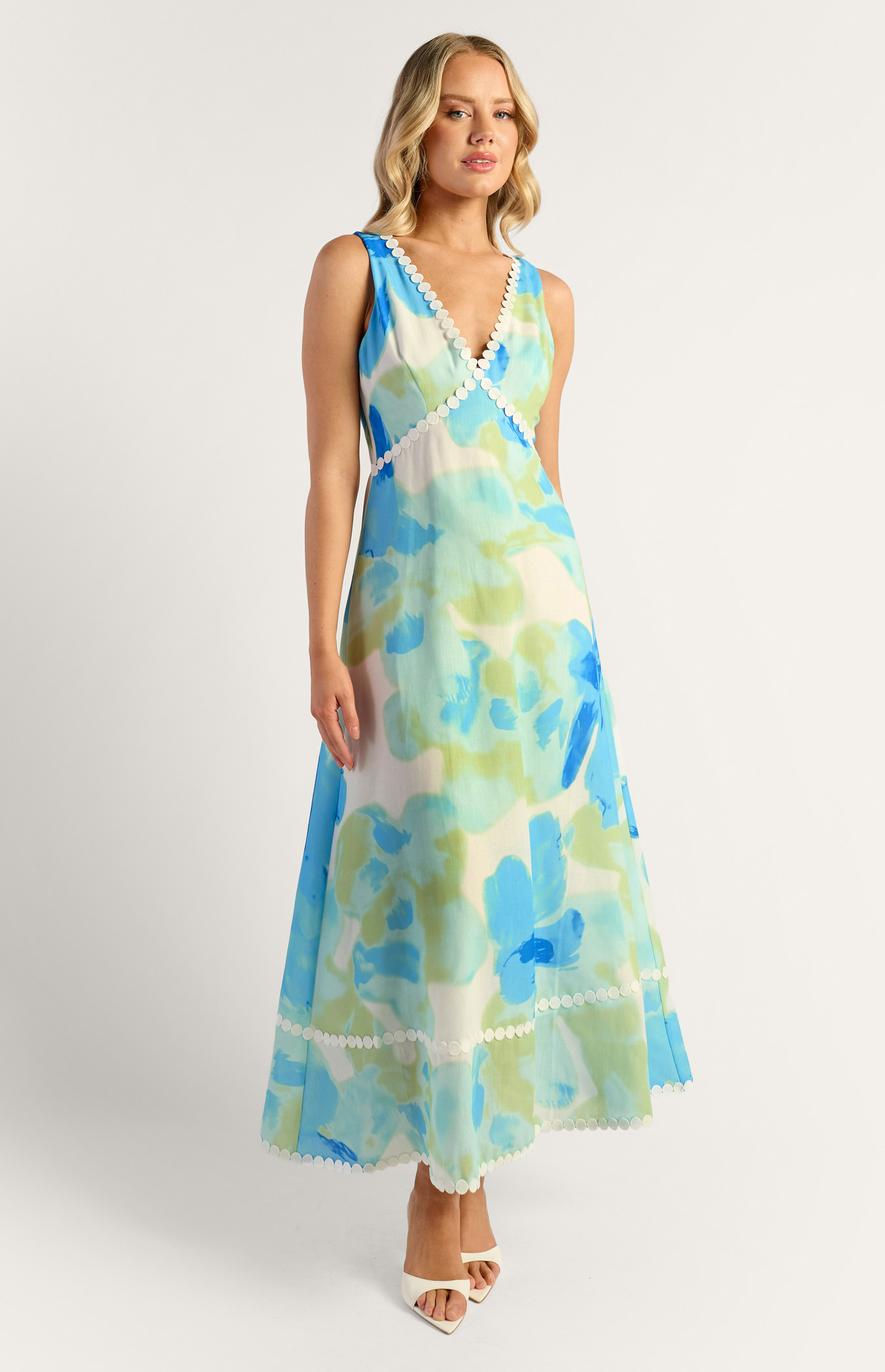 Island Floral Trim Detailing Faux Linen Maxi Dress (SDR1850A)