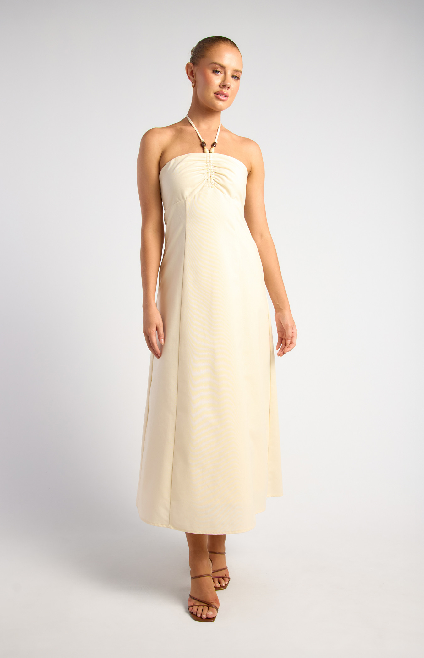 Cotton Linen Beaded Drawstring Halter Maxi Dress (SDR1871A)