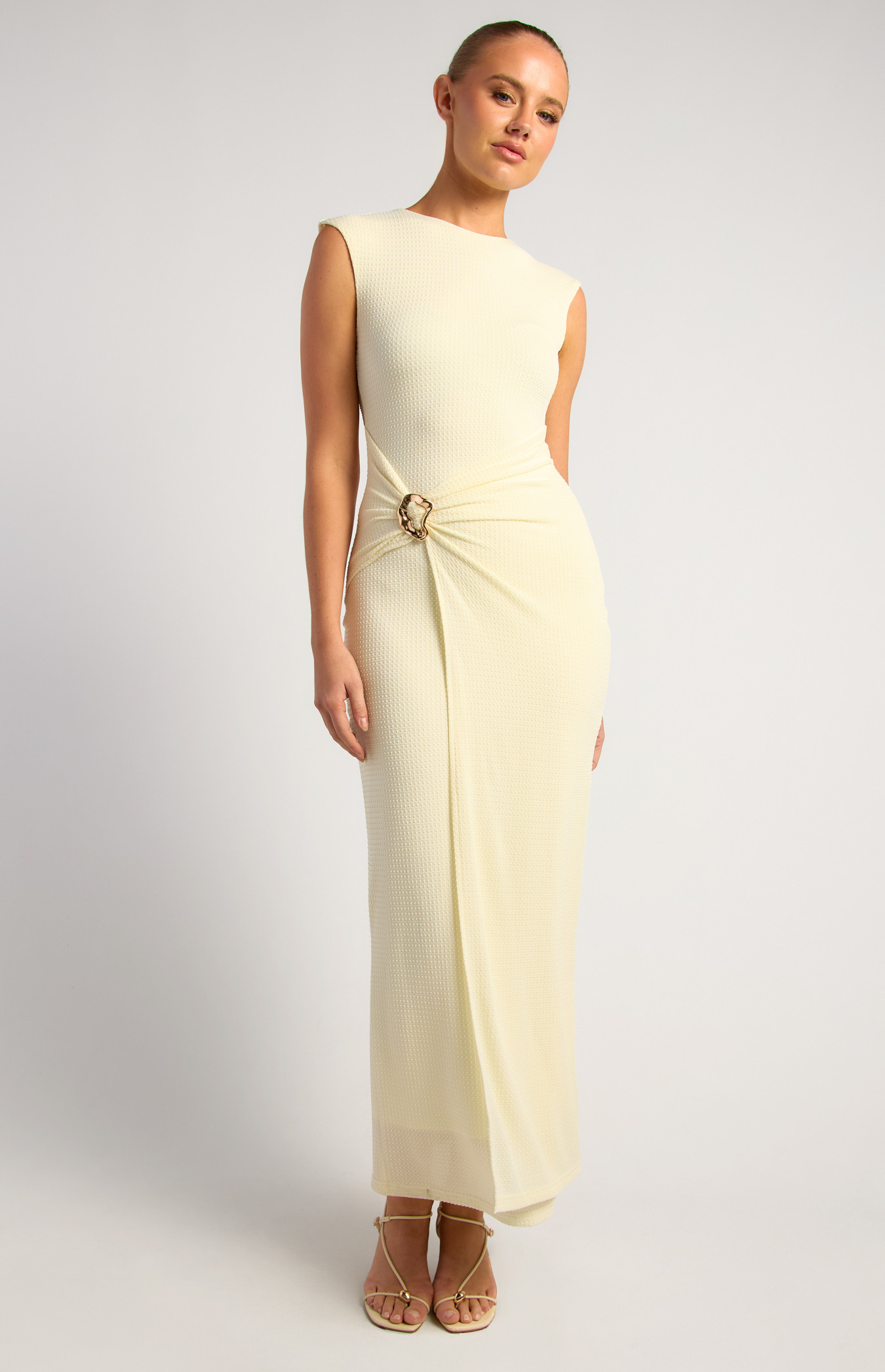 Gold Buckle and Wrap Skirt Detail Textured Jersey Dress (SDR1882A)