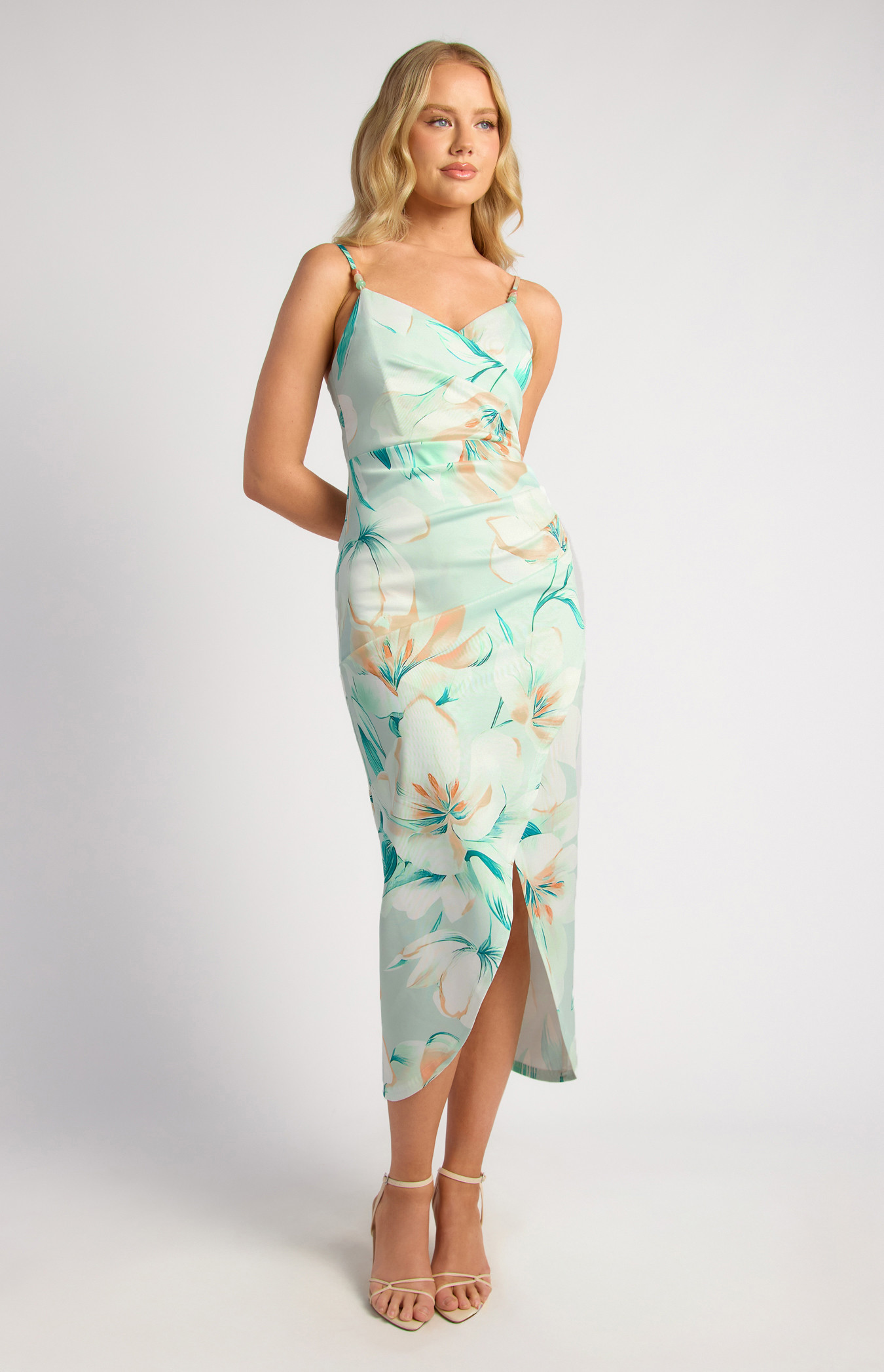 Floral Stretch Bodycon Dress With Beaded Strap Details (SDR1890A)