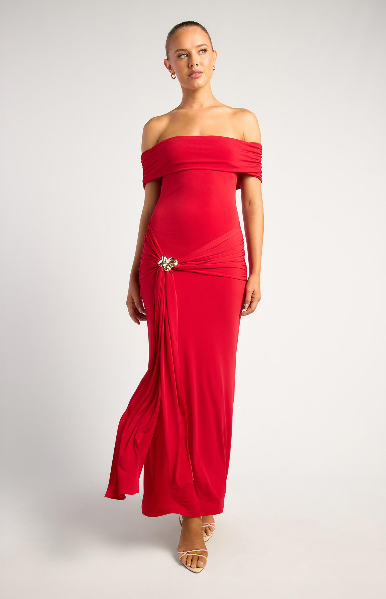 Off Shoulder Front Sash And Gold Floral Buckle Jersey Dress (SDR1896A)