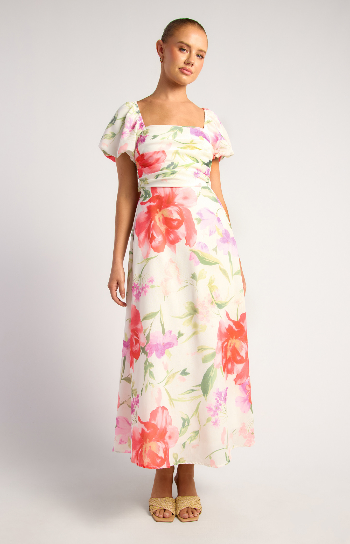 Floral Print Pleated Bodice Tie Back Detail Midi Dress (SDR1899A)