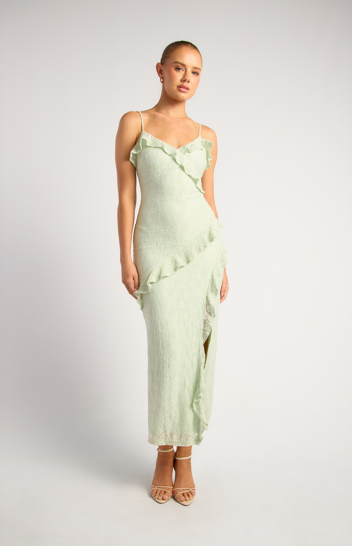 Front Frill Detail Stretch Lace Dress With Leg Split (SDR1903A)