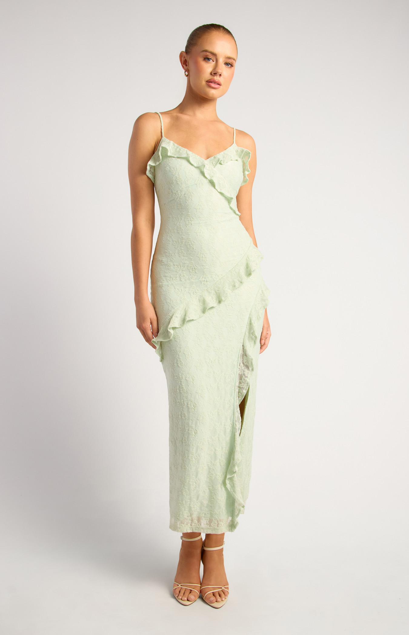 Front Frill Detail Stretch Lace Dress With Leg Split (SDR1903A)