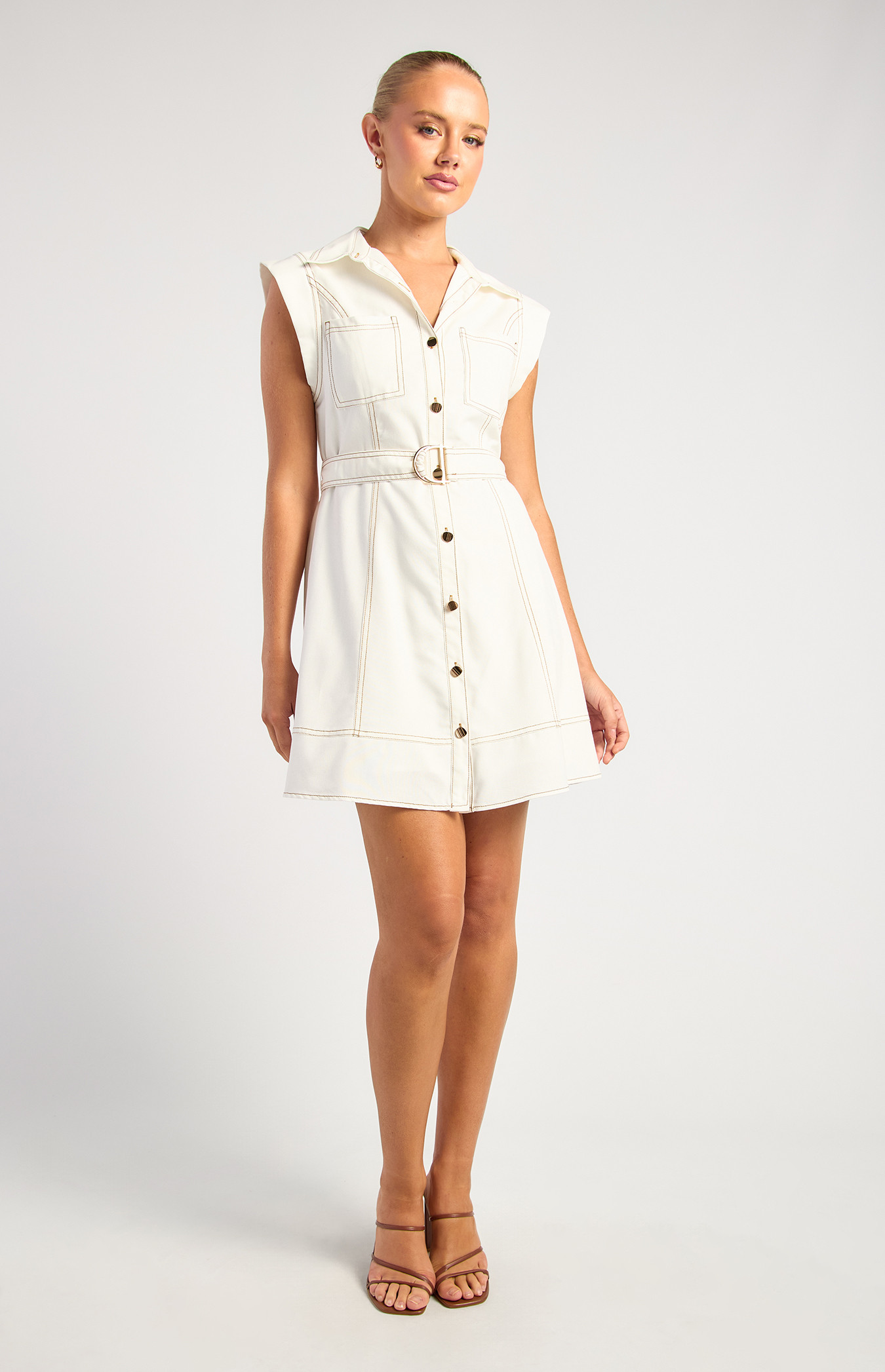 Cap Sleeves D-Ring Buckle Chambray Dress (SDR1907A)