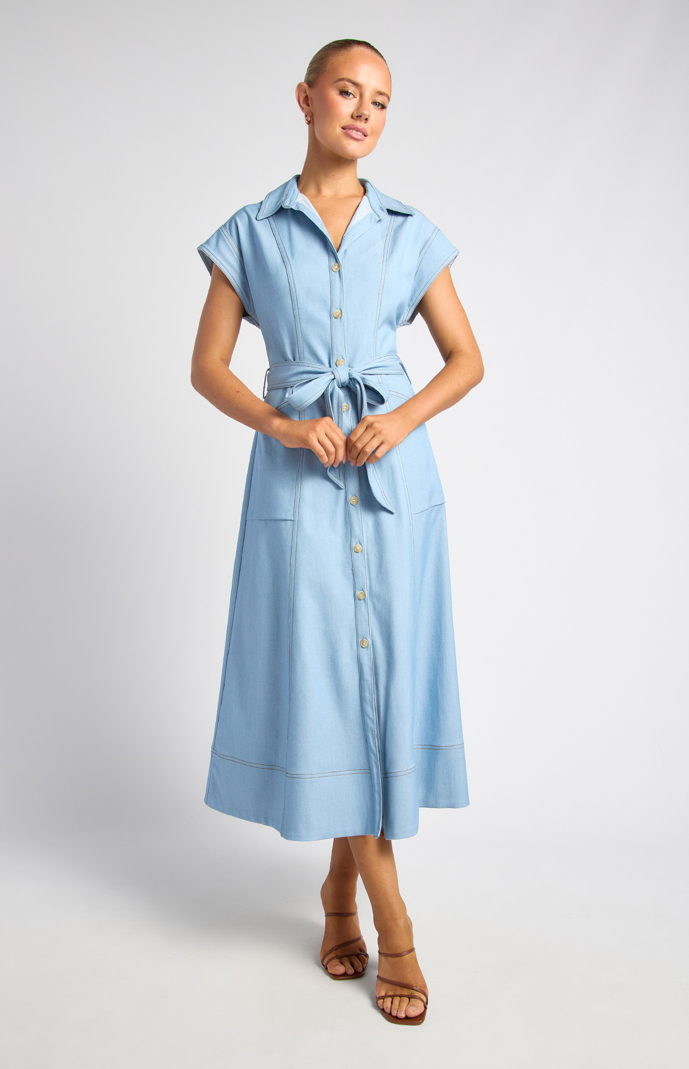 Cap Sleeves Cotton Chambray Shirt Dress (SDR1912A)