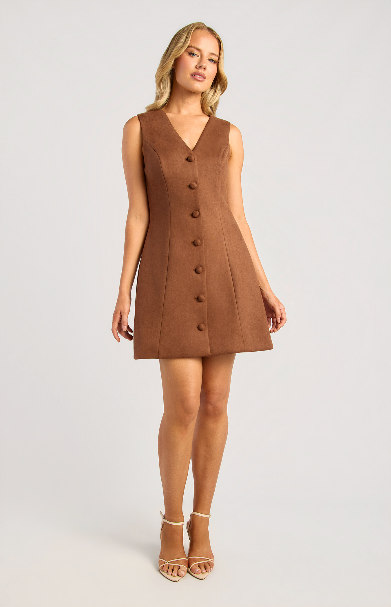 Button Up Sleeveless Suede Mini Dress (SDR1932A)