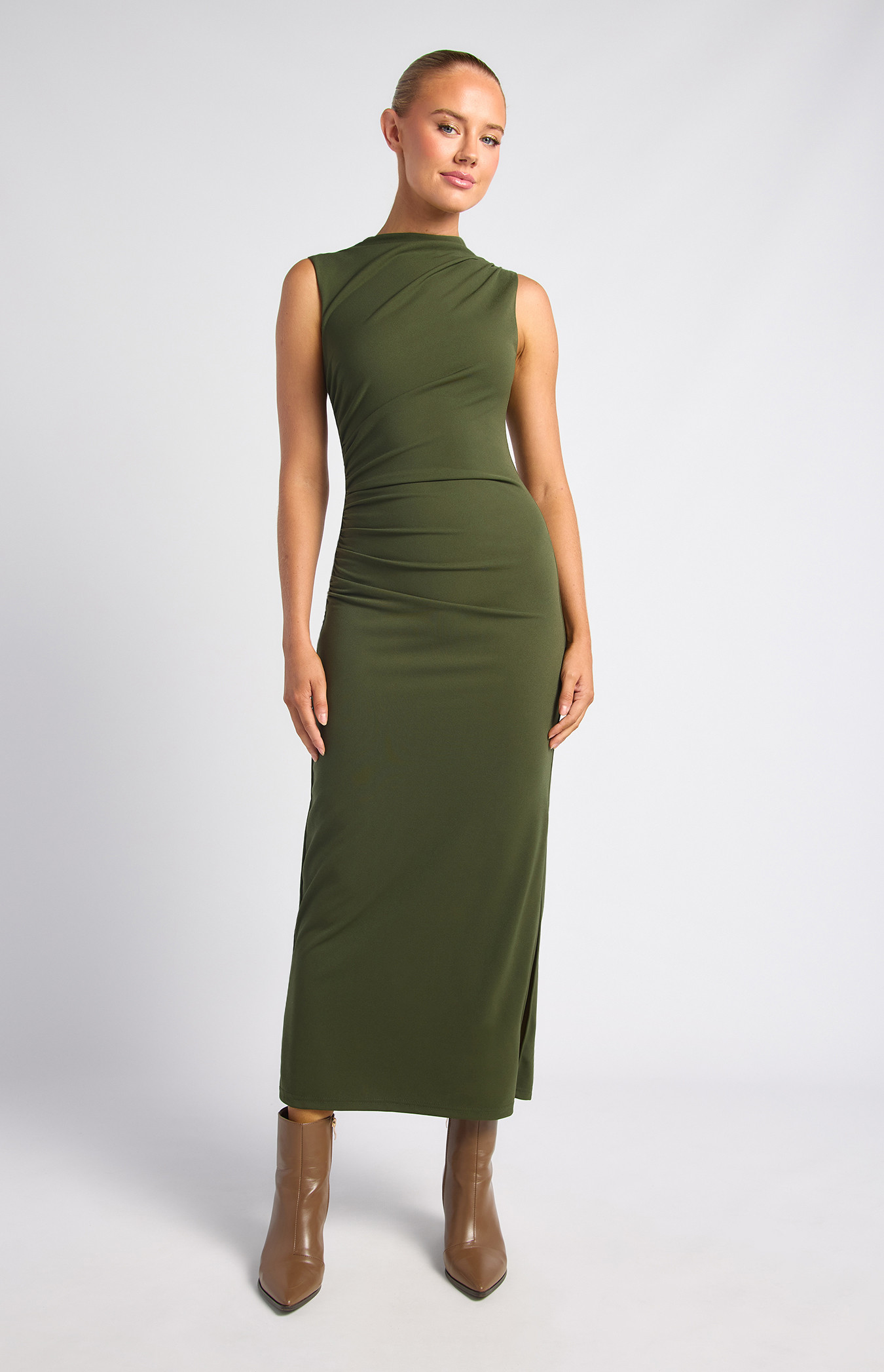 High Neck Pleated Detail Jersey Dress (SDR1936A)