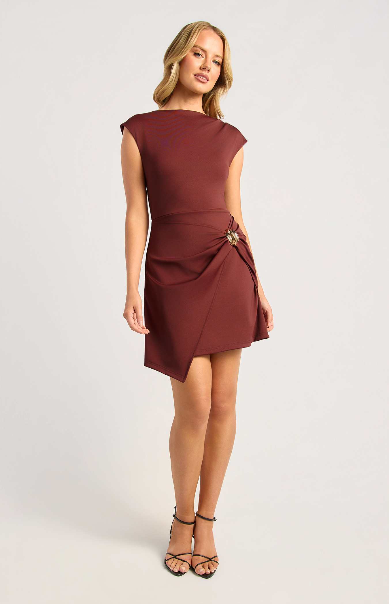 Cap Sleeve Dress With Ruche Panel Gold Buckle Detail (SDR1943A)