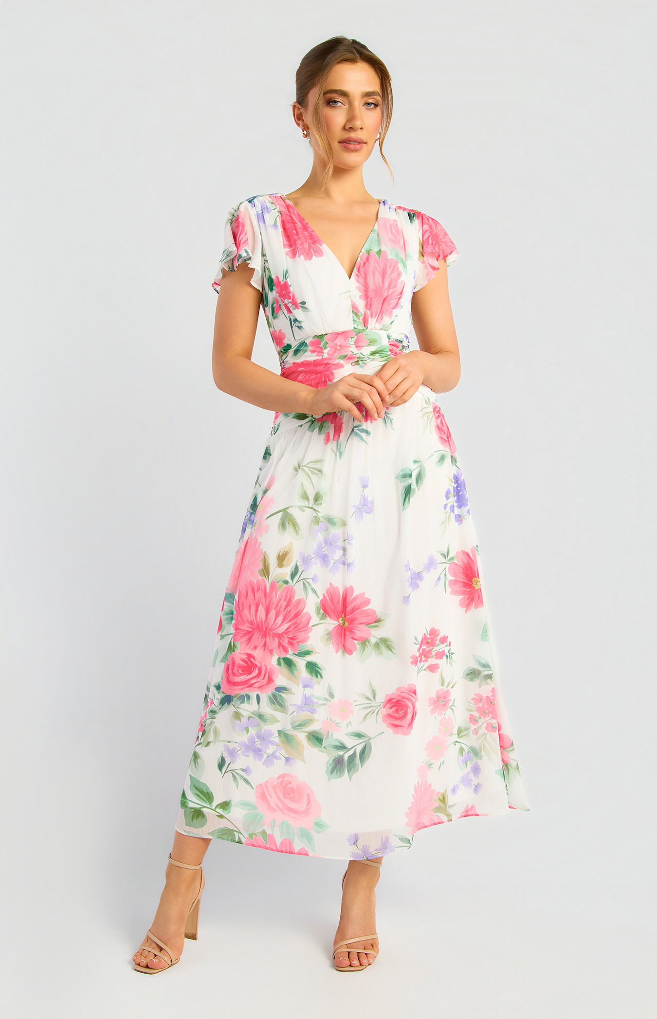 Floral Short Sleeve Chiffon Midi Dress (SDR2000A)