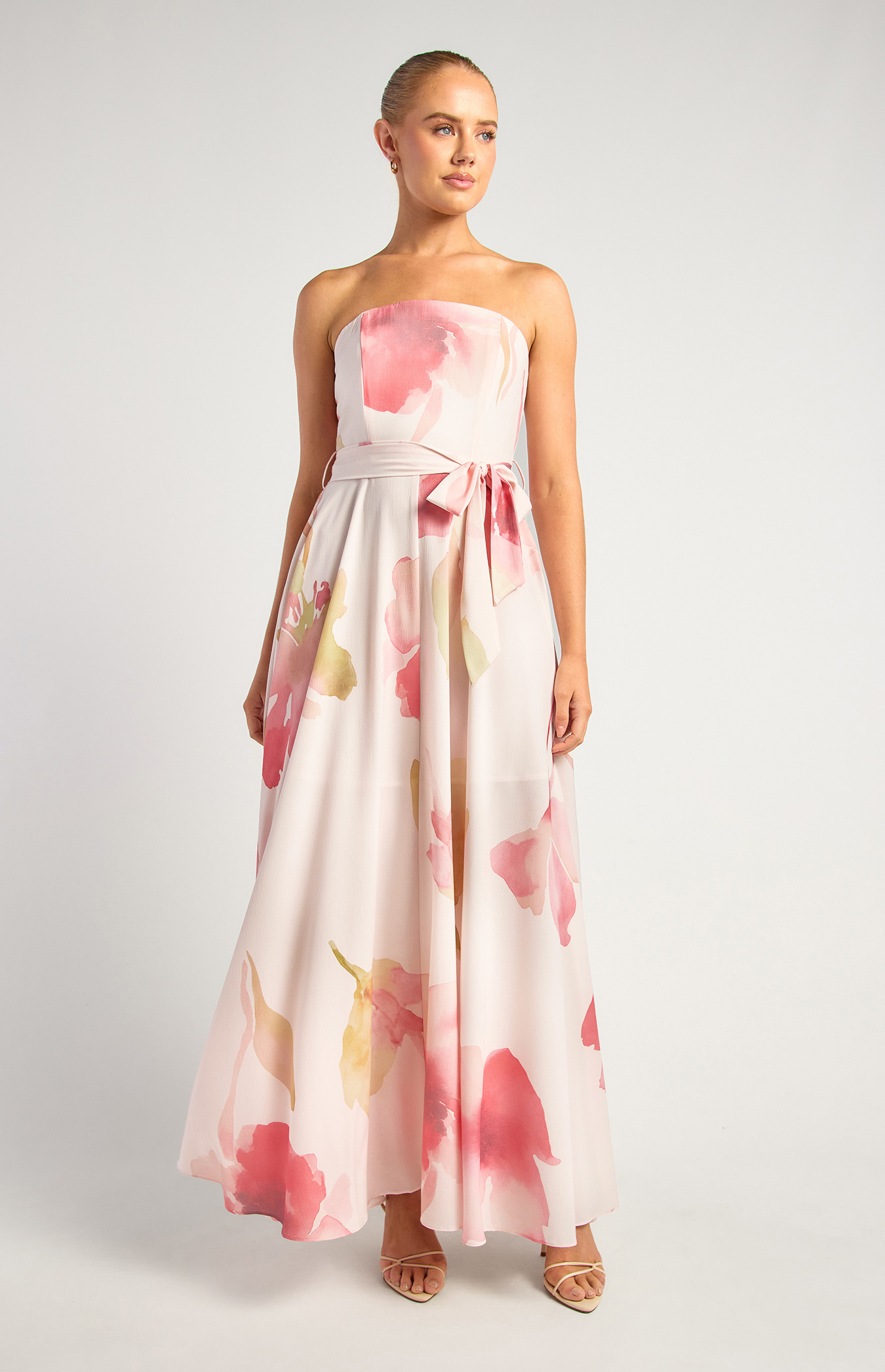 Floral Strapless Maxi Dress With Waist Tie (SDR342-23A)