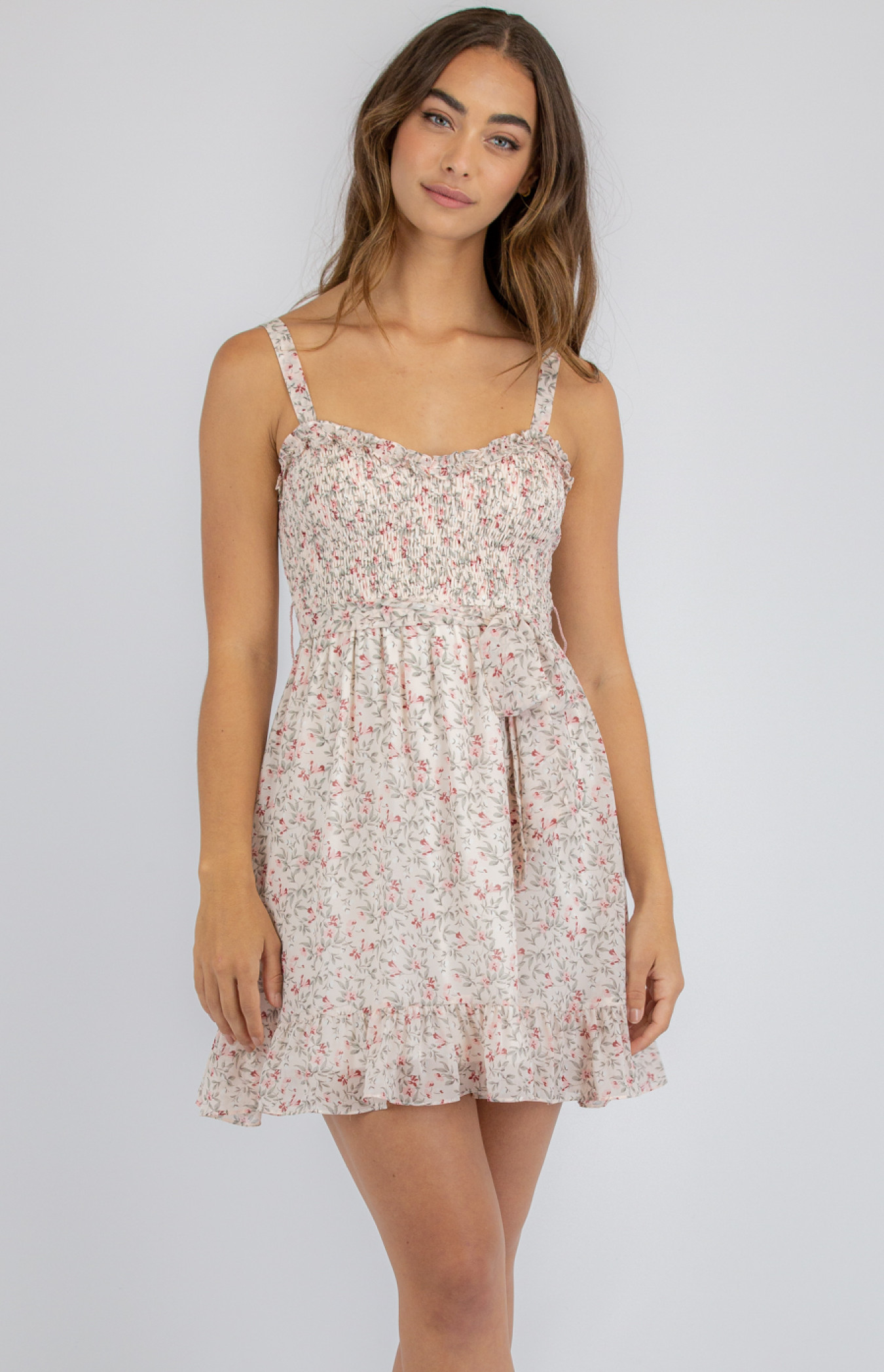 Floral Dress with Shirred Bodice and Frill Hem (SDR949A)