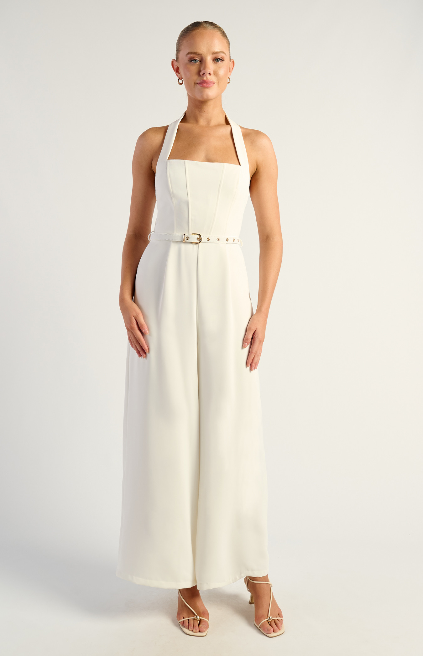 Halter Neckline Jumpsuit With Gold Buckle And Eyelet Belt Detail (SJP614A)