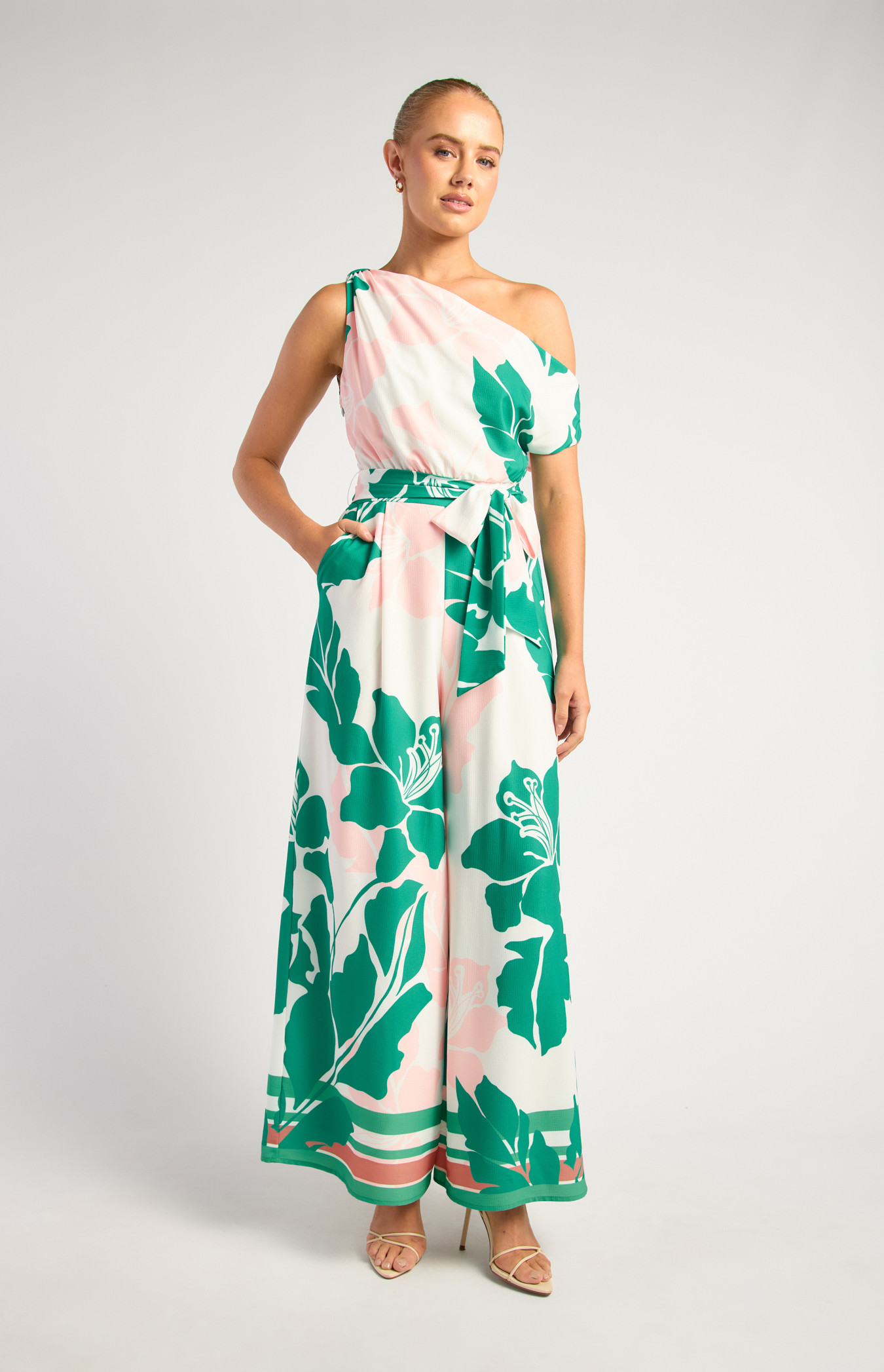 One Shoulder Jumpsuit Floral Placement Print With Tie Belt (SJP616-2A)