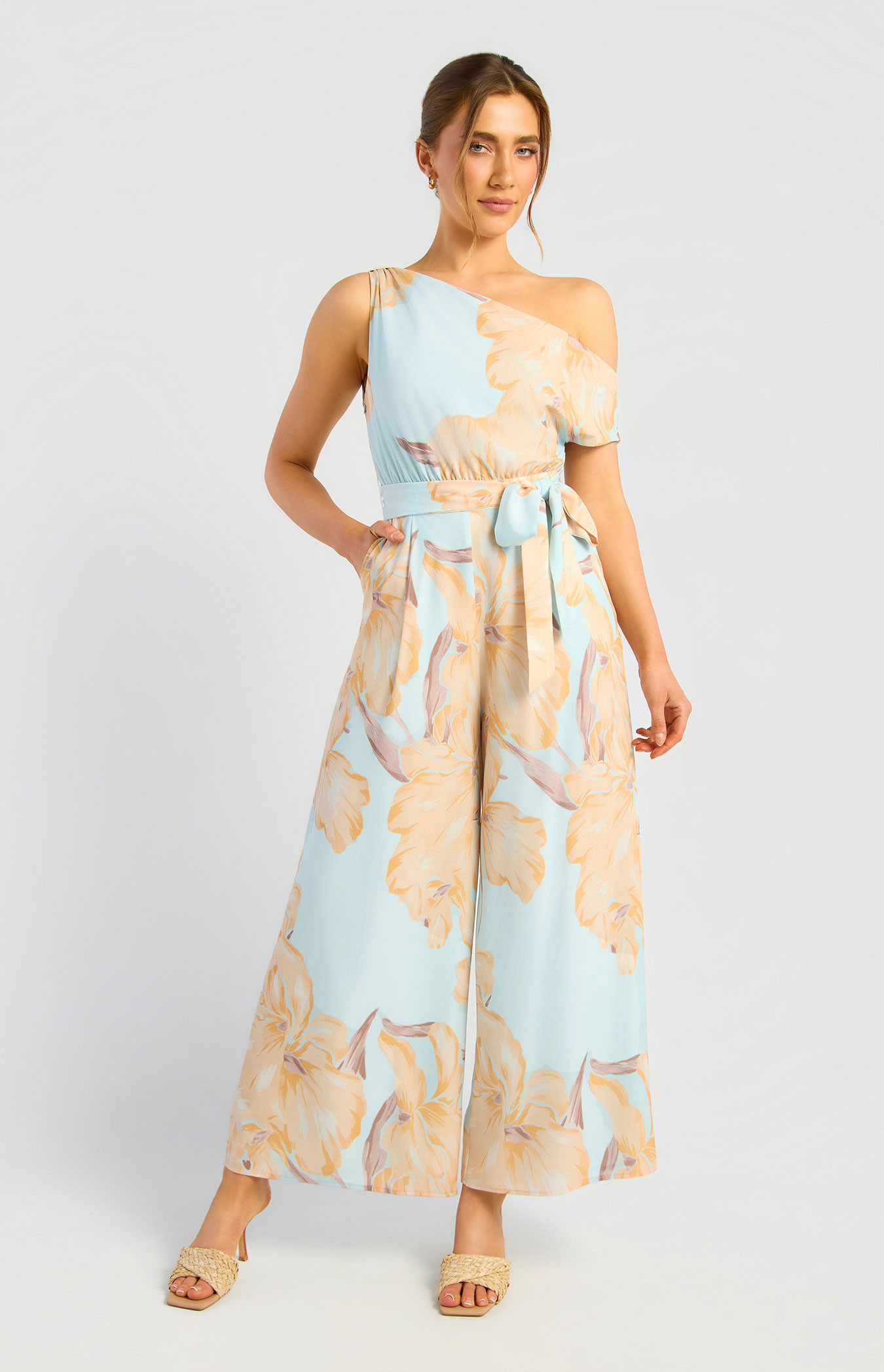 One Shoulder Jumpsuit Floral Placement Print With Tie Belt (SJP616-3A)