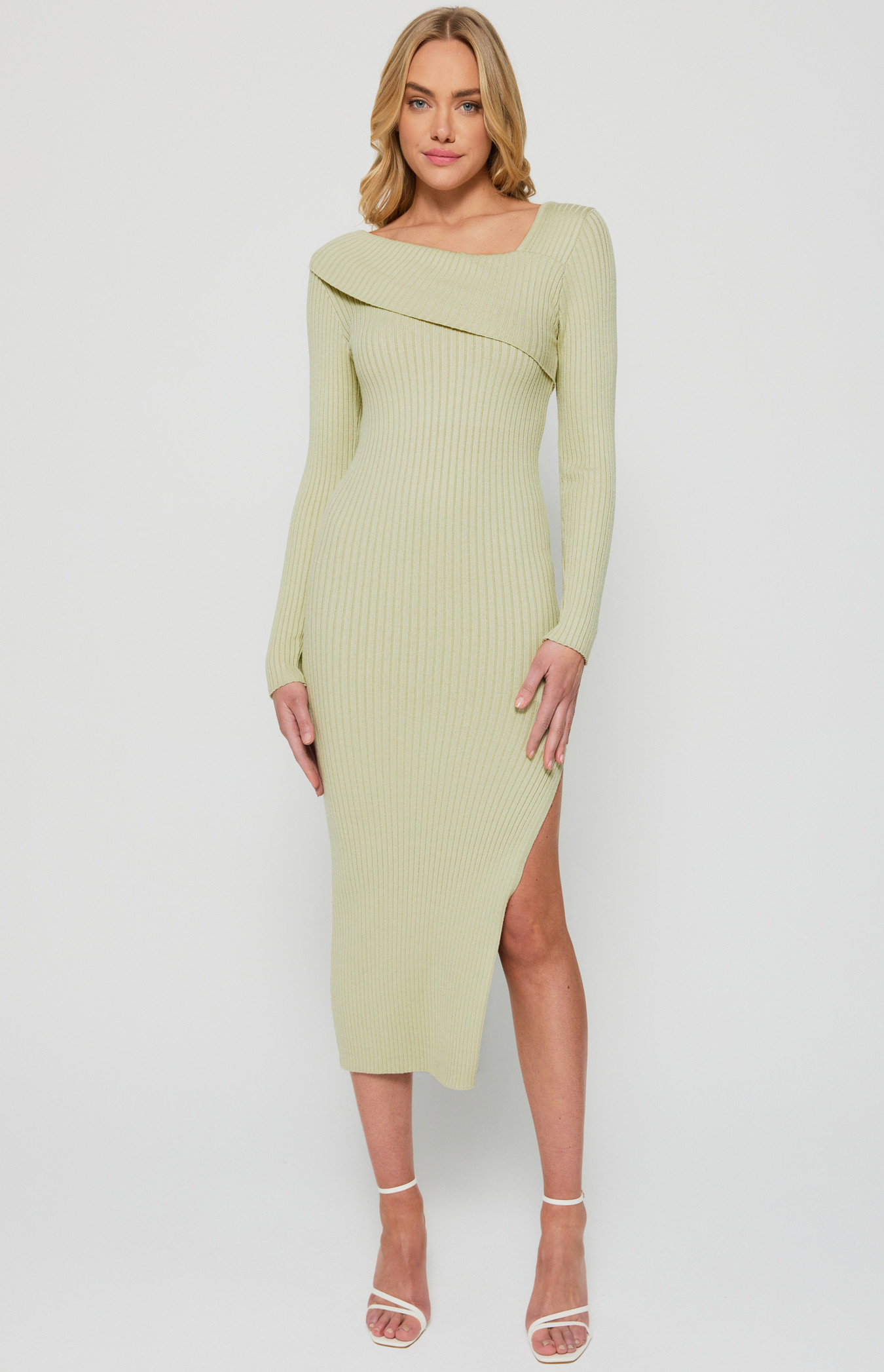Asymmetrical Neckline Knit Dress with Side Split (SKN755)