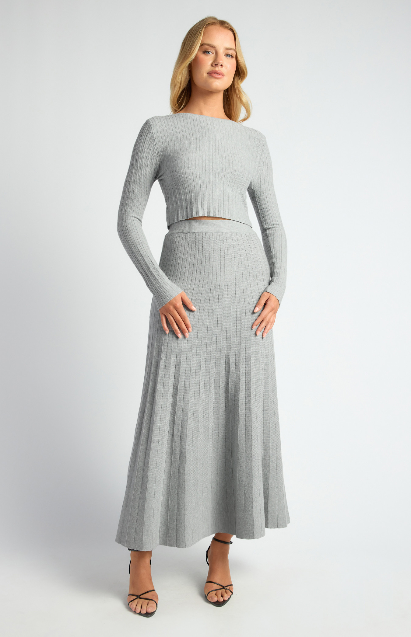 Boat Neckline Top and Pleated A-Line Maxi Skirt Knit Set (SKN906)