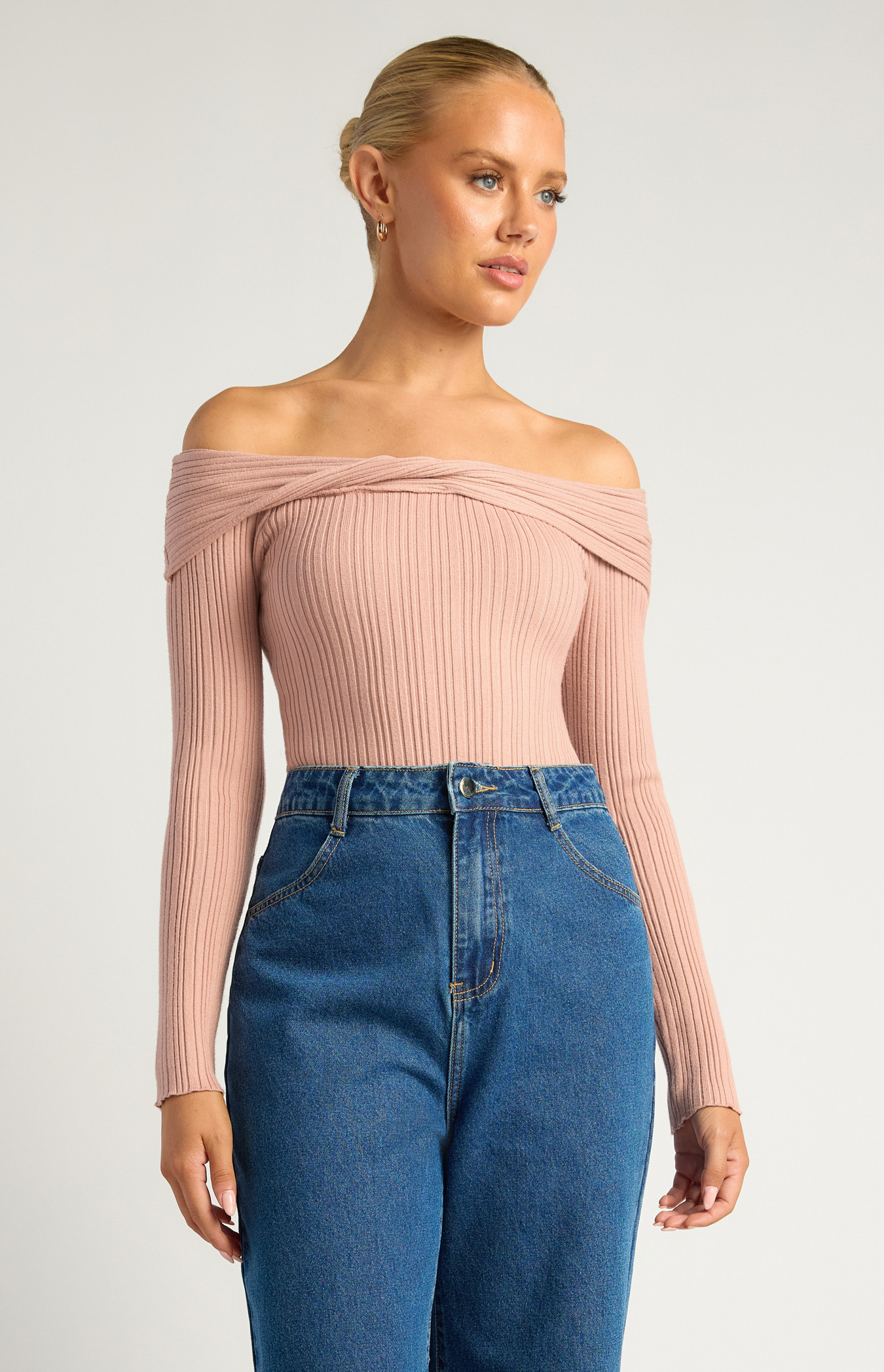 Off Shoulder Front Twist Textured Rib Knit Bodysuit (SKN927)