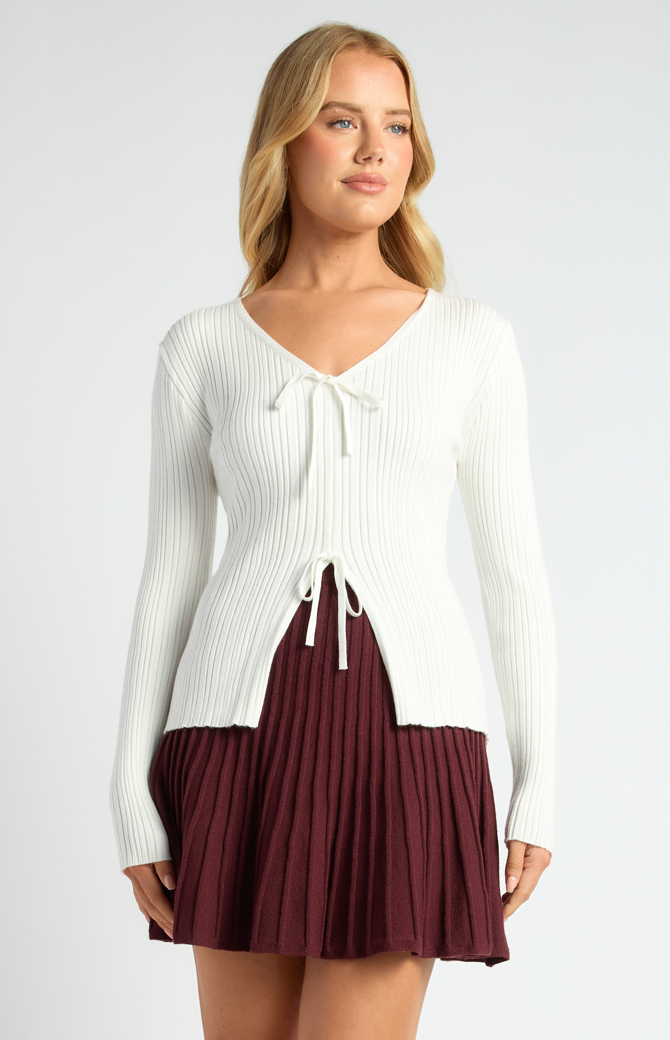 Double Tie Ribbed Knit Top with Split Detail (SKN933)