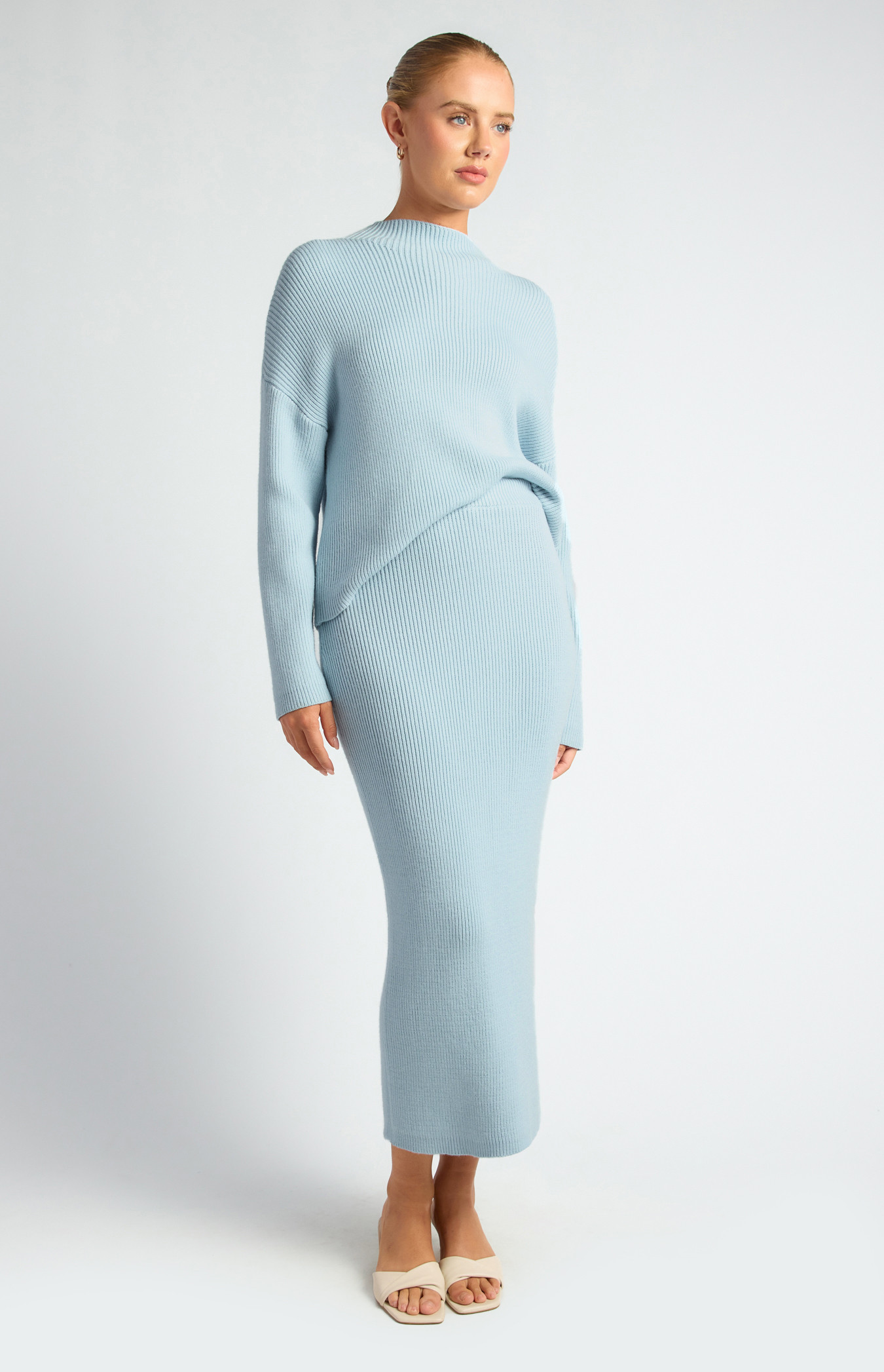 Mock Neck Jumper And  Midi Skirt Knit Set (SKN952)