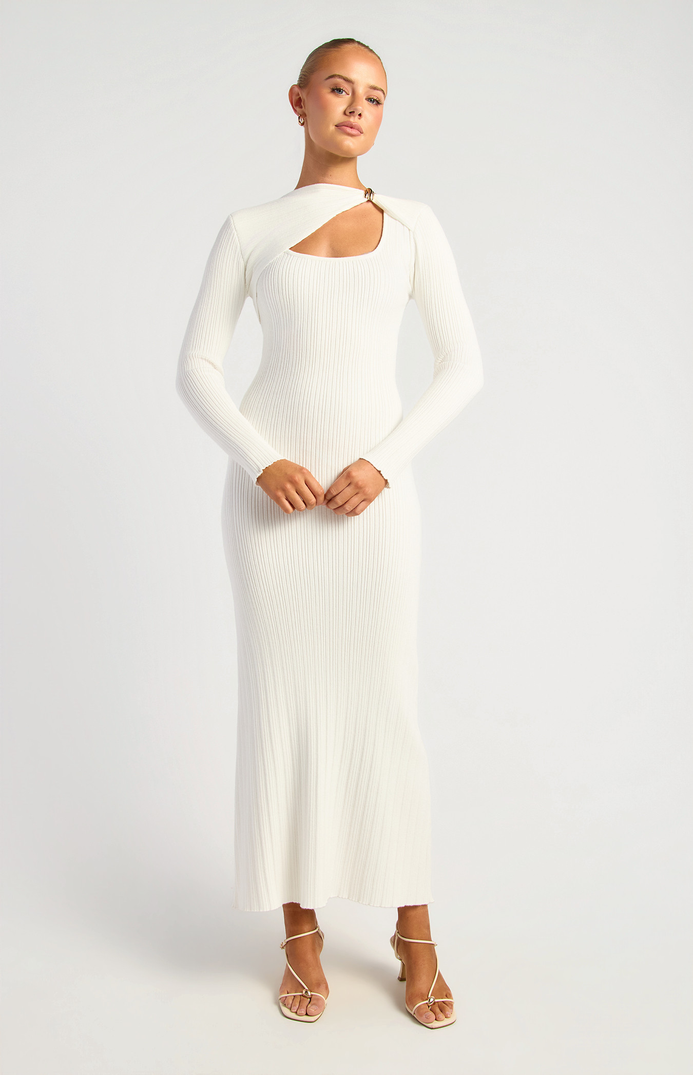 Cut Out Neckline With Gold Ring Detail Knit Dress (SKN966)
