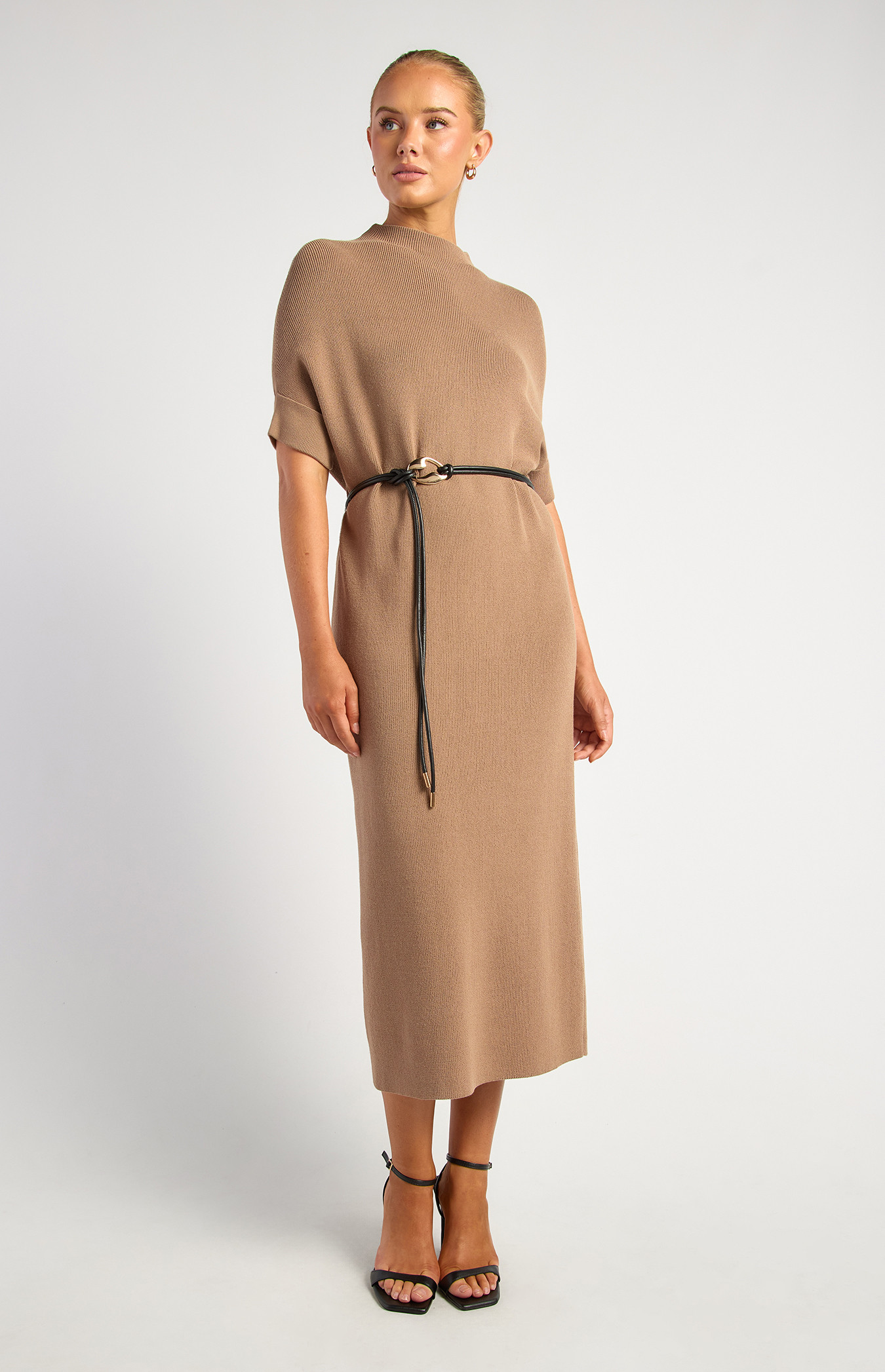 Relax Fit Knit Dress With Faux Leather Rope Belt Accessory (SKN968)