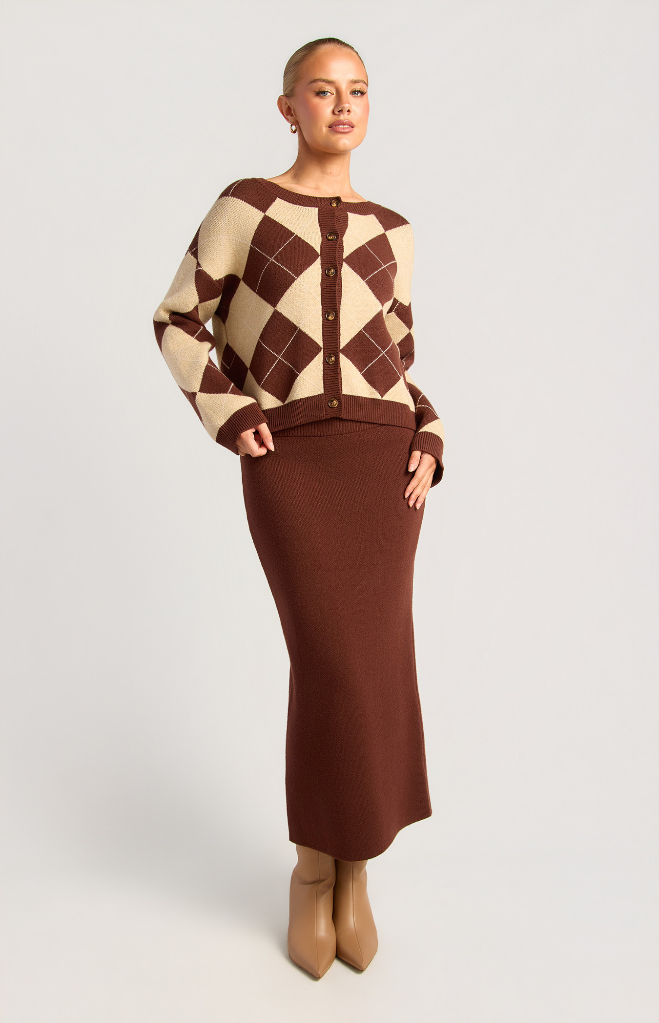Argyle Knit Top And Skirt Set (SKN998)
