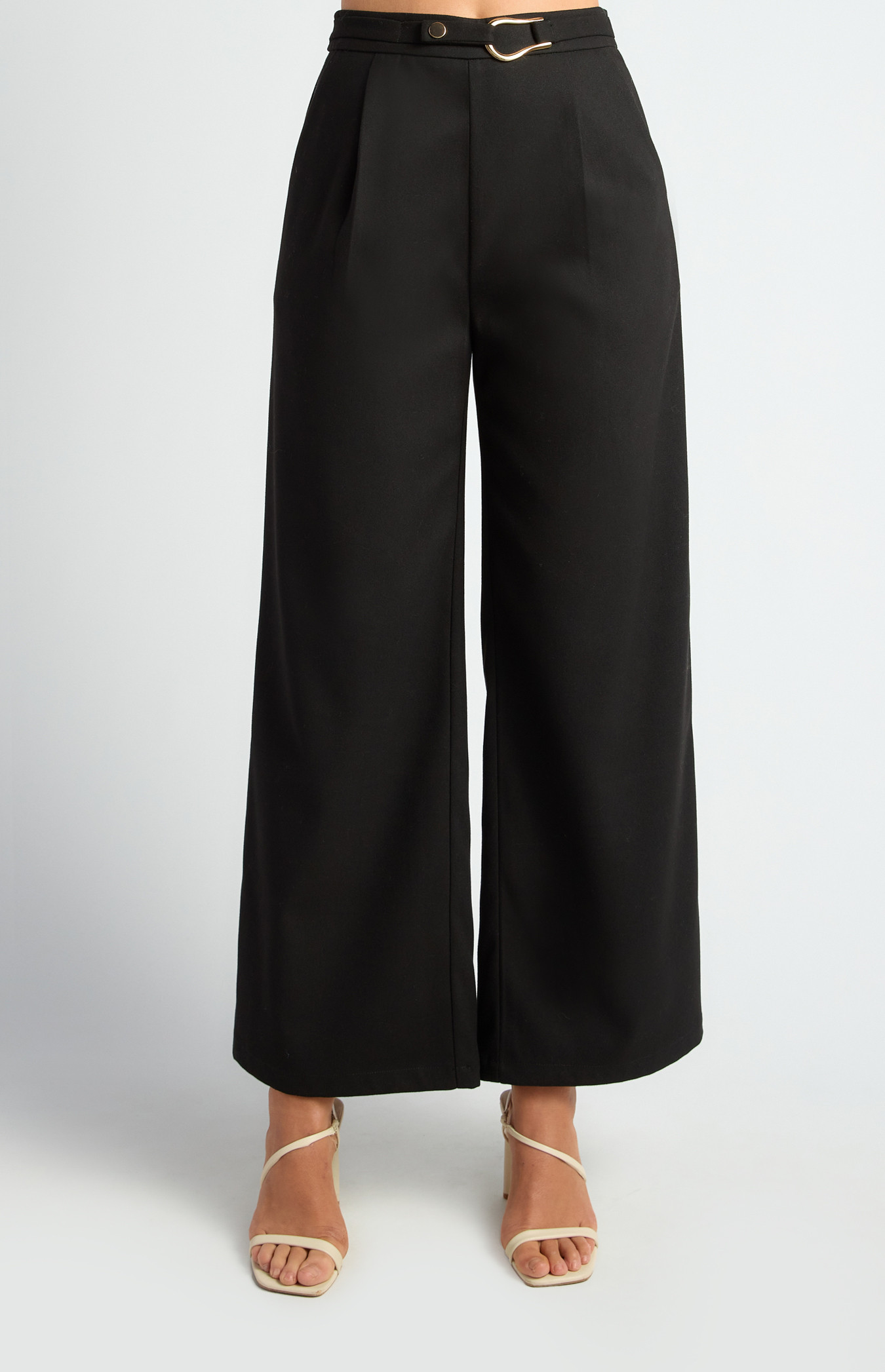 Faux Wool Wide Leg Pants With Gold Buckle Detail (SPA508A)