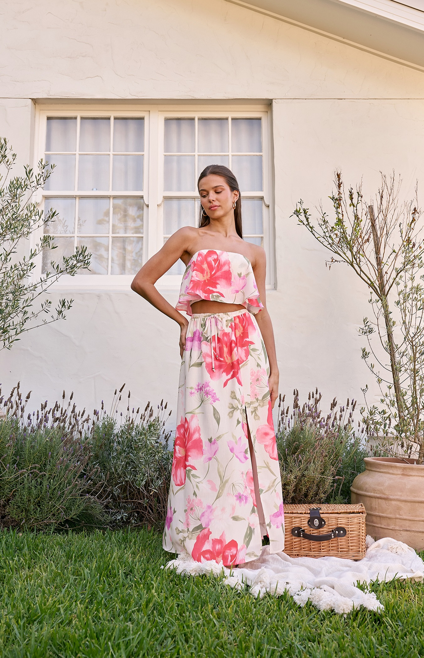 Faux Linen Floral Print Strapless Top and Maxi Skirt Set (SSE563A)