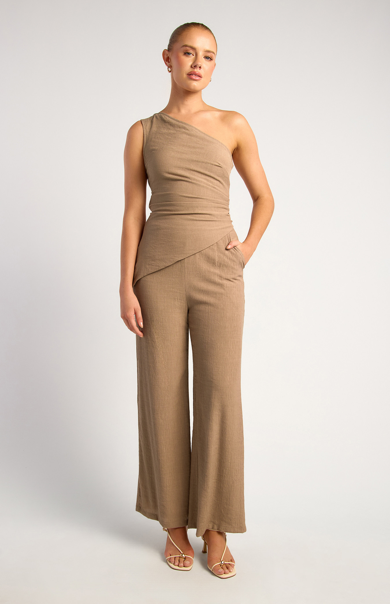 One Shoulder Ruched Detail Textured Top And Pants Set (SSE565A)