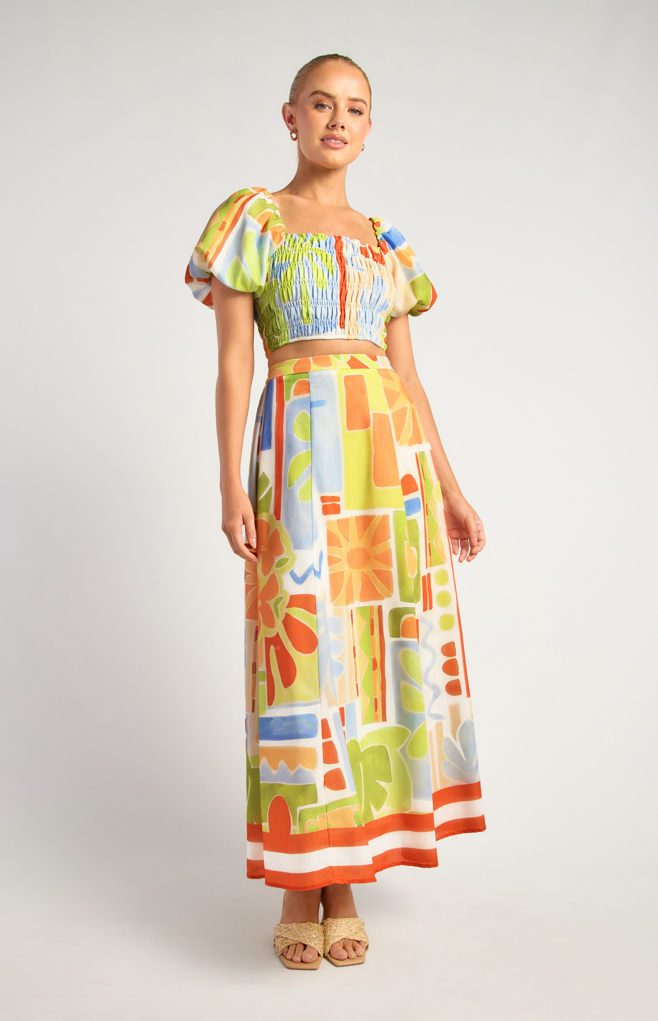 Tropical Placement Print Shirred Top And Skirt Set (SSE570A)