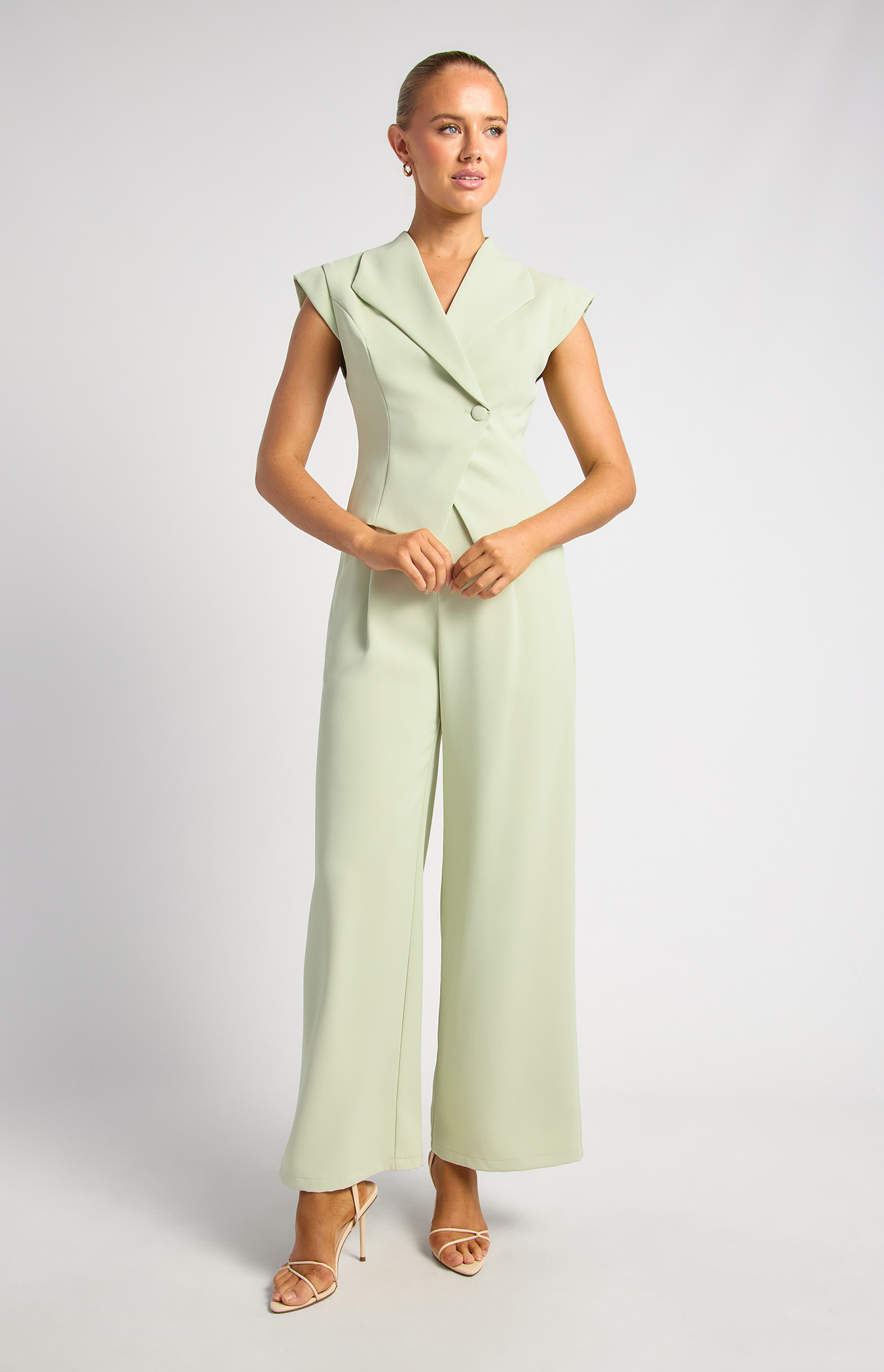 Lapel Collar Cinched Waist Top And Pants Set (SSE572A)