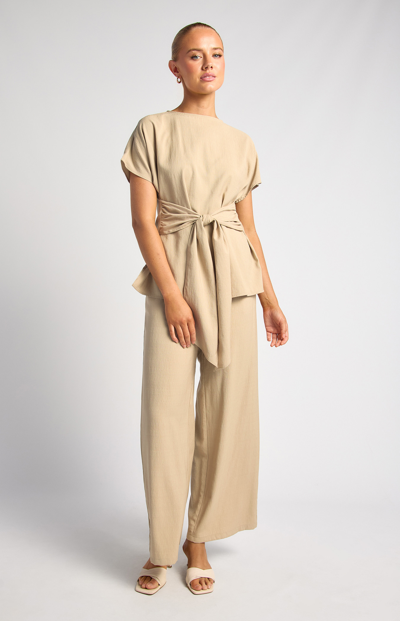Textured Set With Front Tie Sash Top And Pants (SSE582A)
