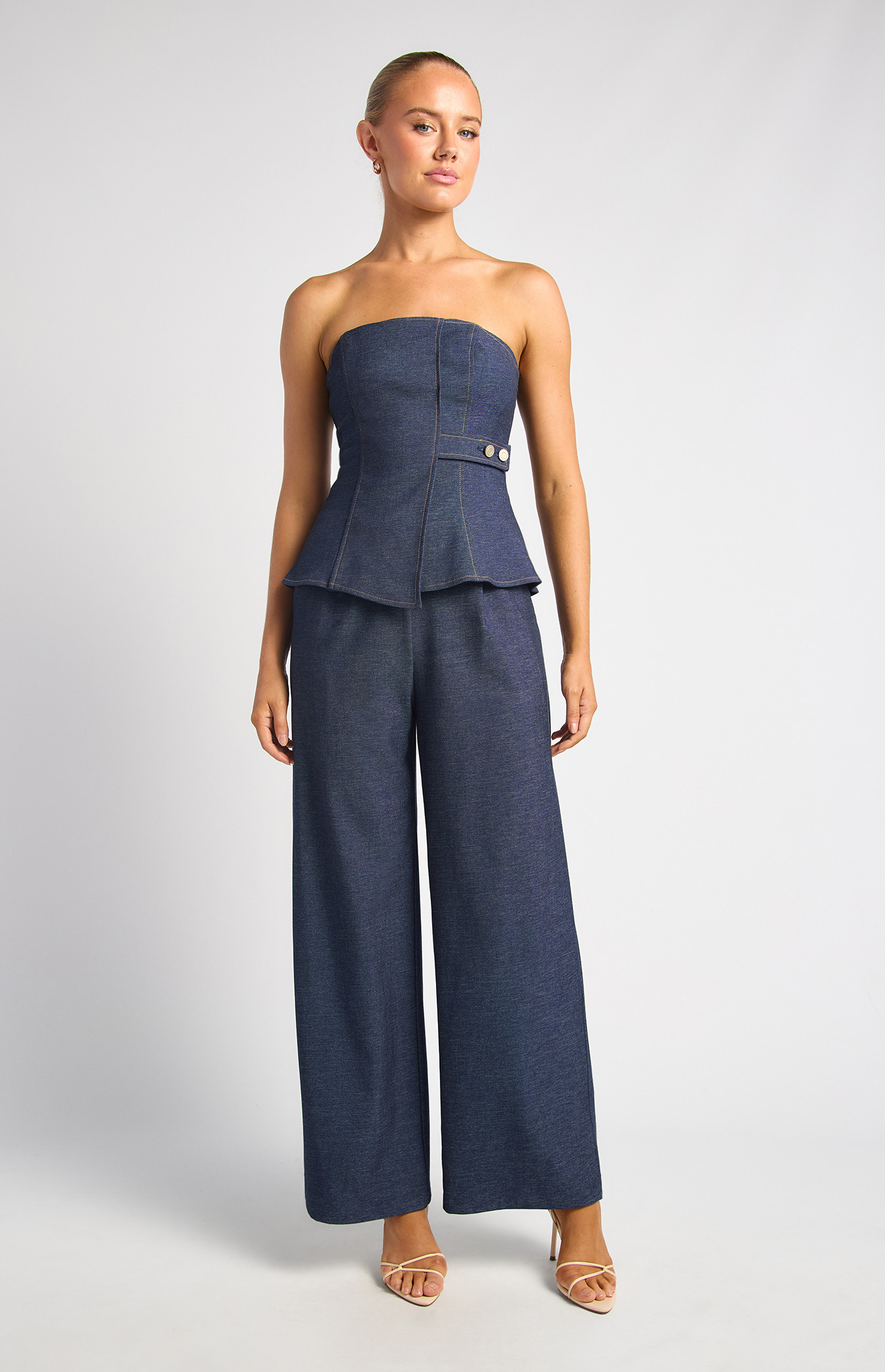Chambray Set With Button Tab Detail Strapless Top And Pants (SSE585A)