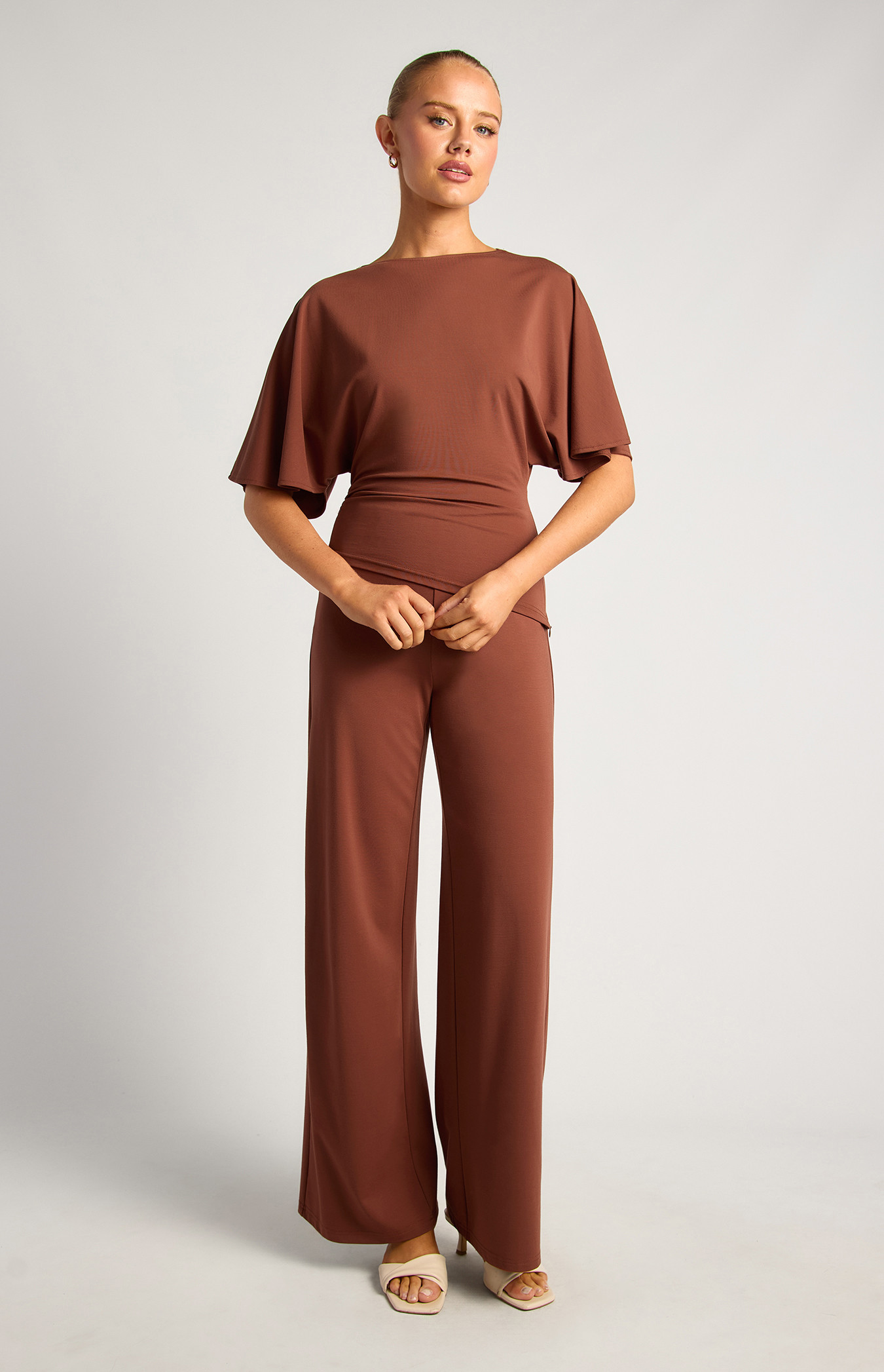 Cape Sleeve Cinch Waist Top And Pants Set (SSE588A)