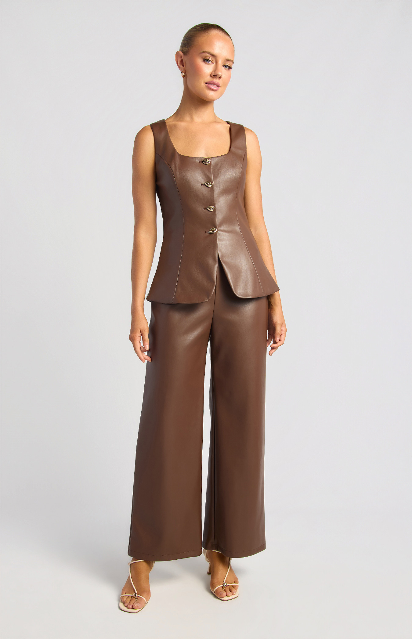 Gold Textured Button Faux Leather Vest And Pants Set (SSE591A)