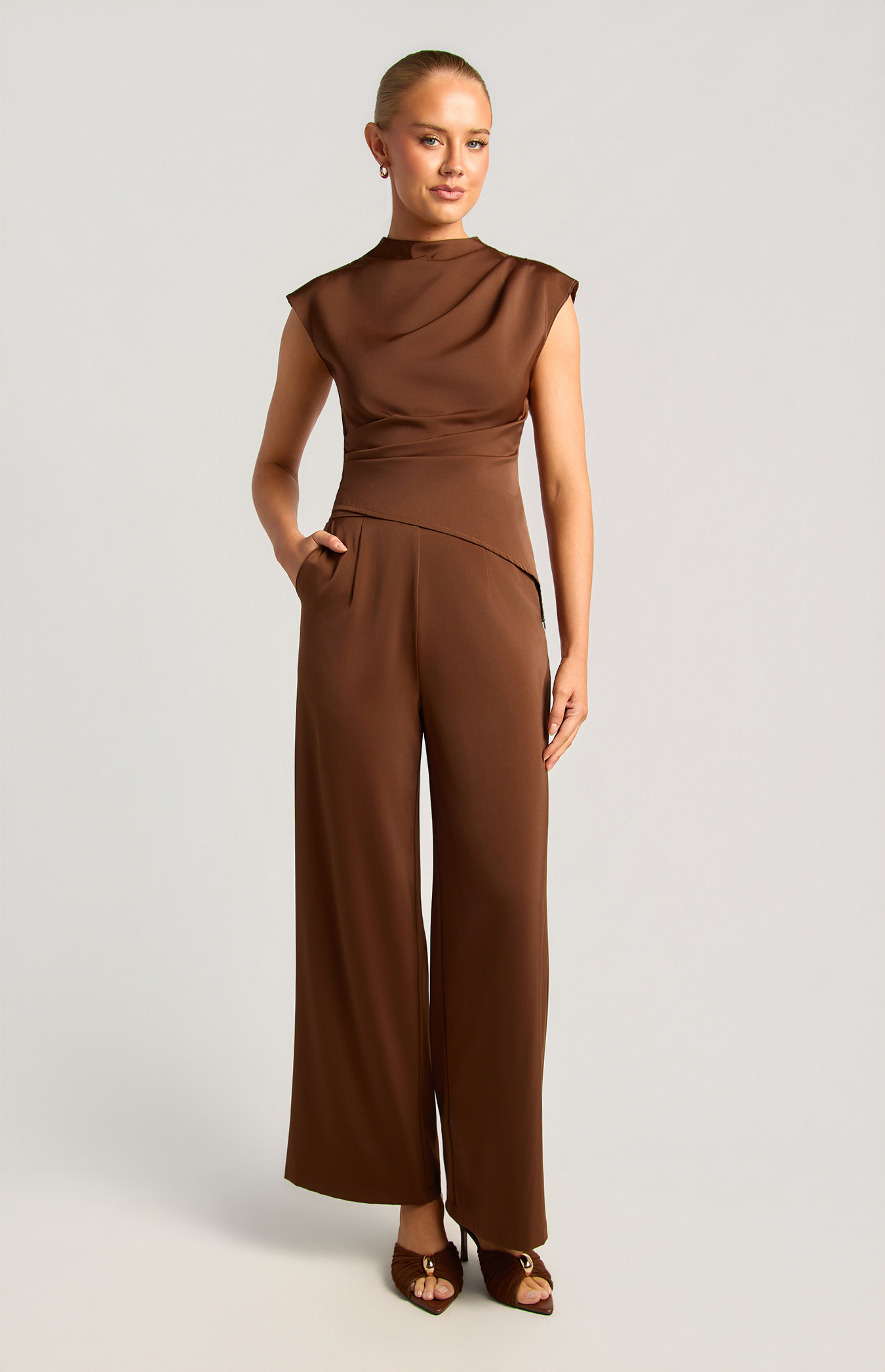 High Neck Pleat Detail Satin Top And Pants Set (SSE598A)