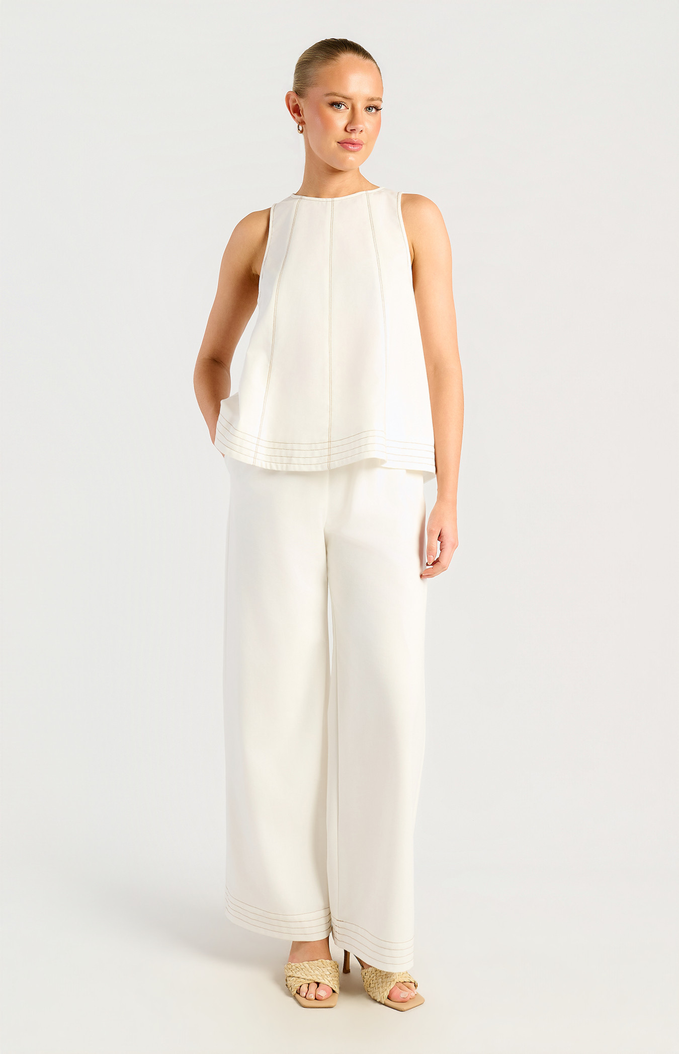 Cotton Linen Panel Stitching Detail Top And Pants Set (SSE617A)