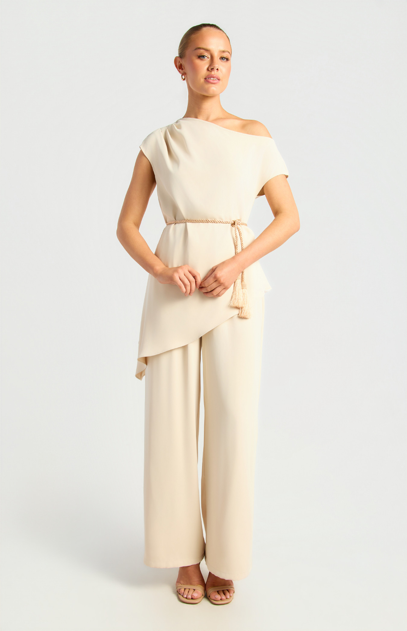 Asymmetric Neckline Top And Pants Set With Tassel Belt Detail (SSE620B)