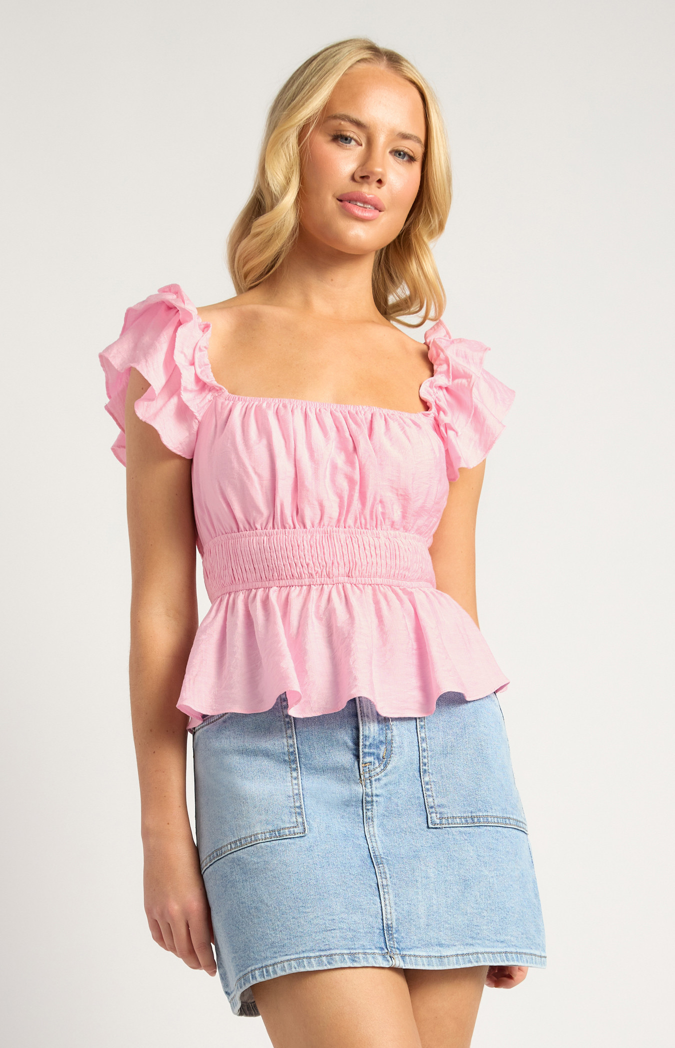 Layered Ruffle Sleeve Textured Top with Shirred Waist (STO765A)
