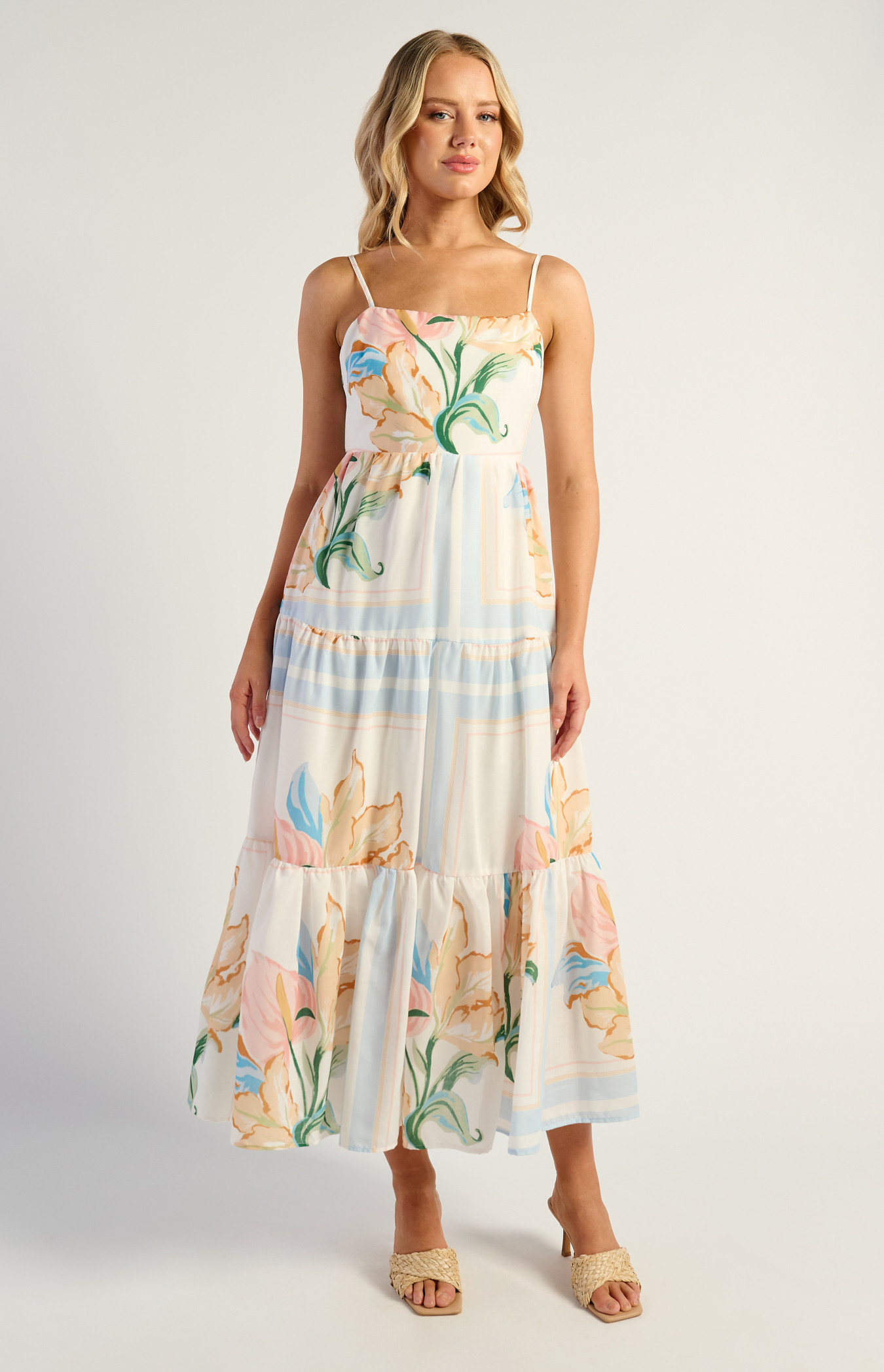  Floral Tiered Midi Dress With Tie Back Detail (WDR729-2A)