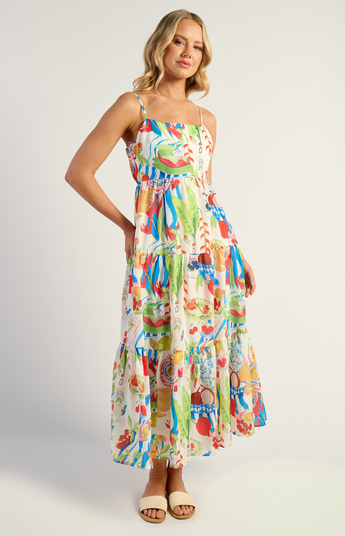 Fiesta Print Tiered Midi Dress With Tie Back Detail (WDR729-3A) 