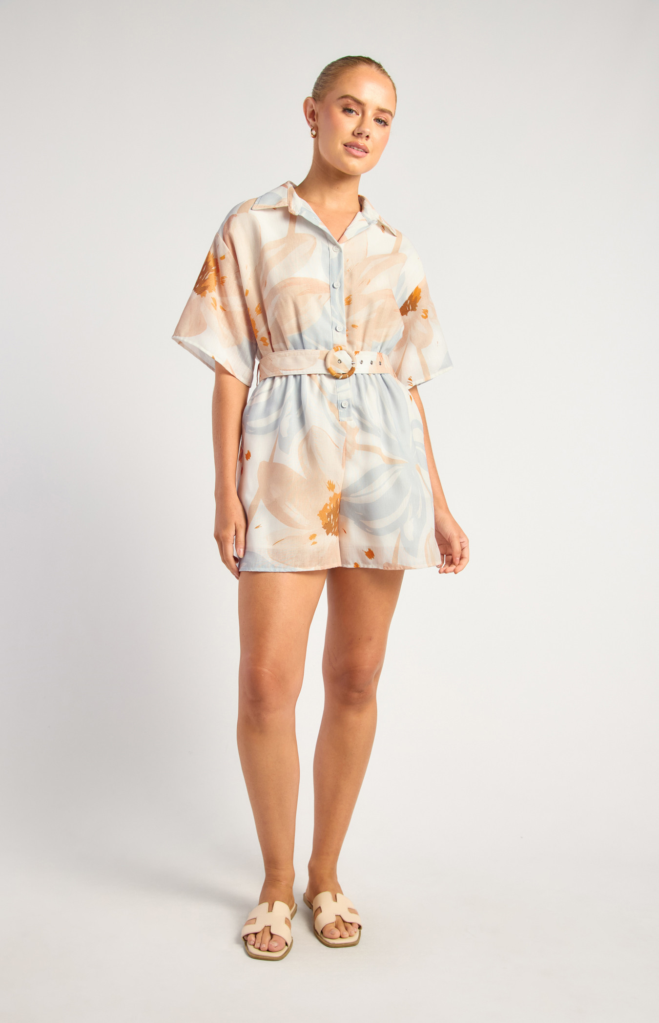 Faux Linen Floral Print Playsuit With Elasticated Waist (WJP270B)