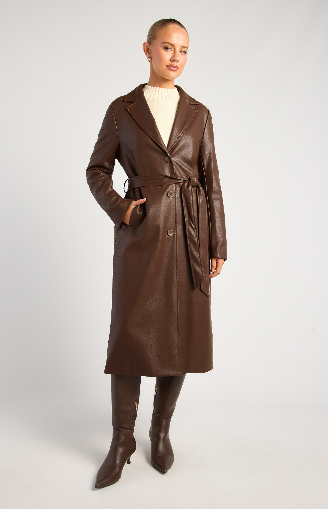 Faux Leather Longline Coat with Belt (WJT233A)
