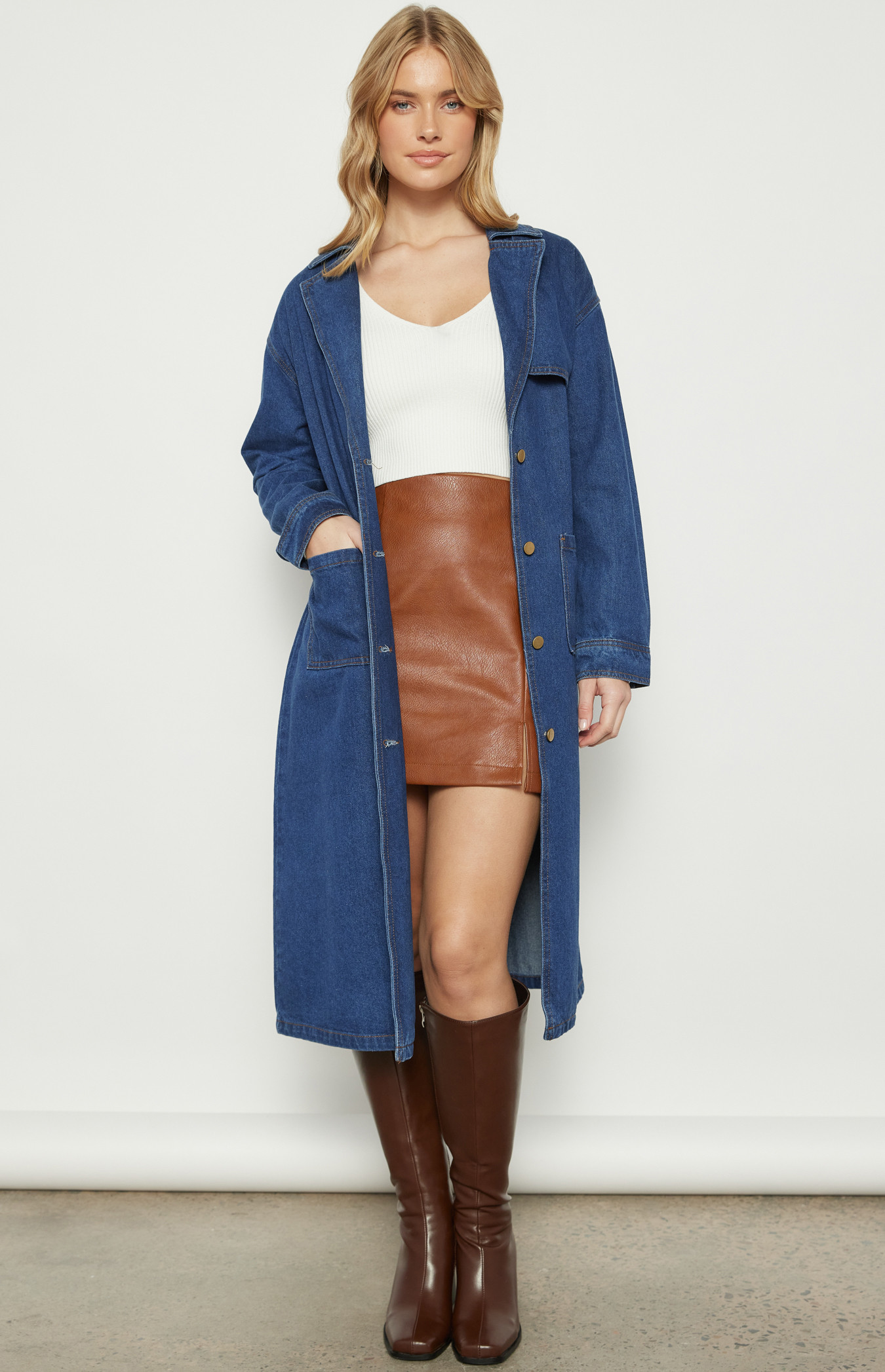 Long Line Denim Coat with Patch Pocket Details (WJT238A)