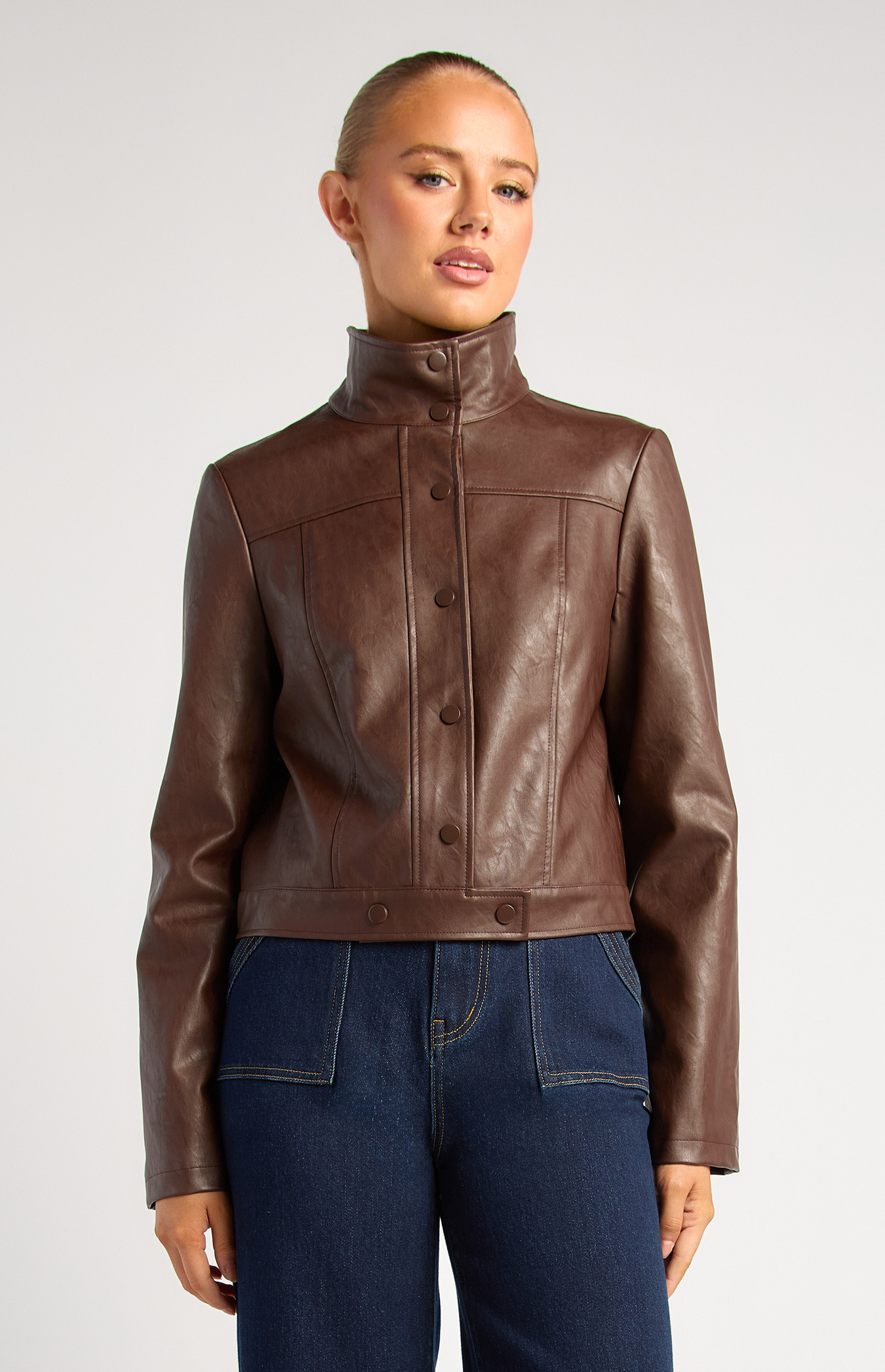 Faux Leather Funnel Neck Biker Jacket (WJT259B)