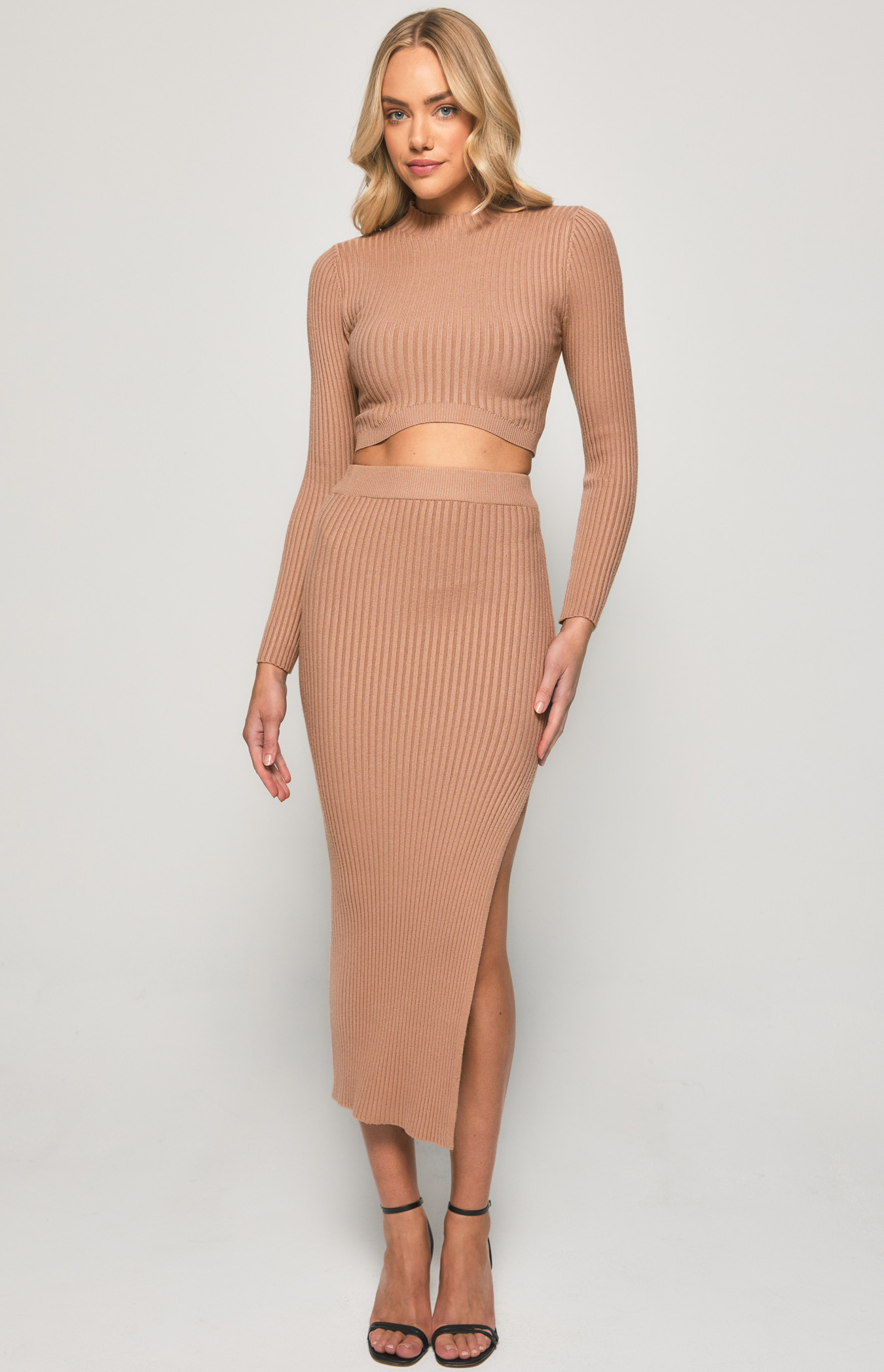 Knit Set with Round Hem Top and Side Split Skirt (WKN349) 