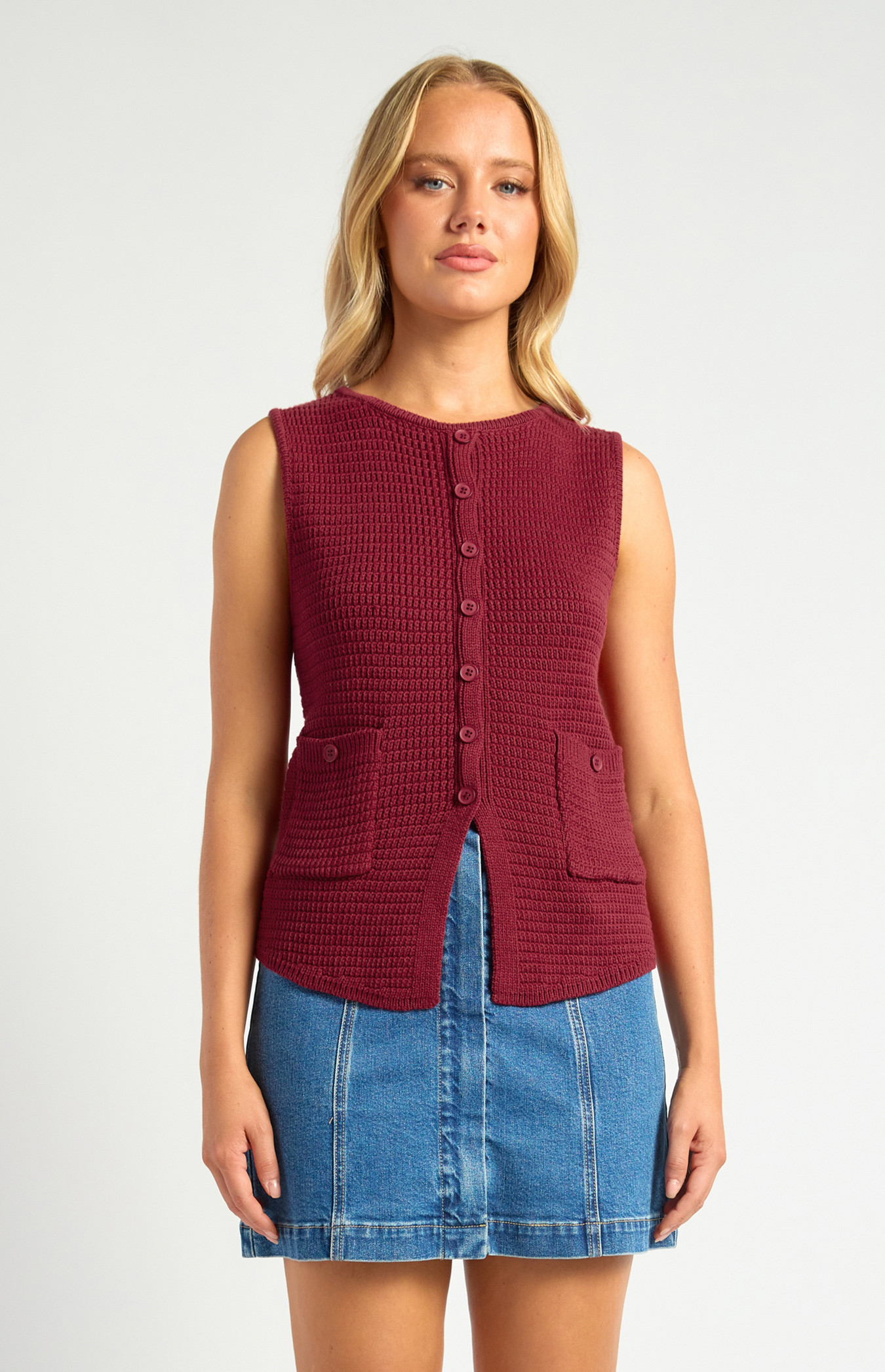 Button Up Knit Vest with Patch Pocket Details (WKN769)