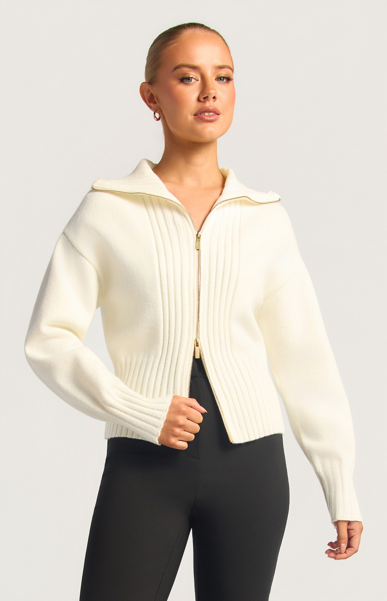 Contrast Ribbed Two Way Zip Knit Top (WKN882)