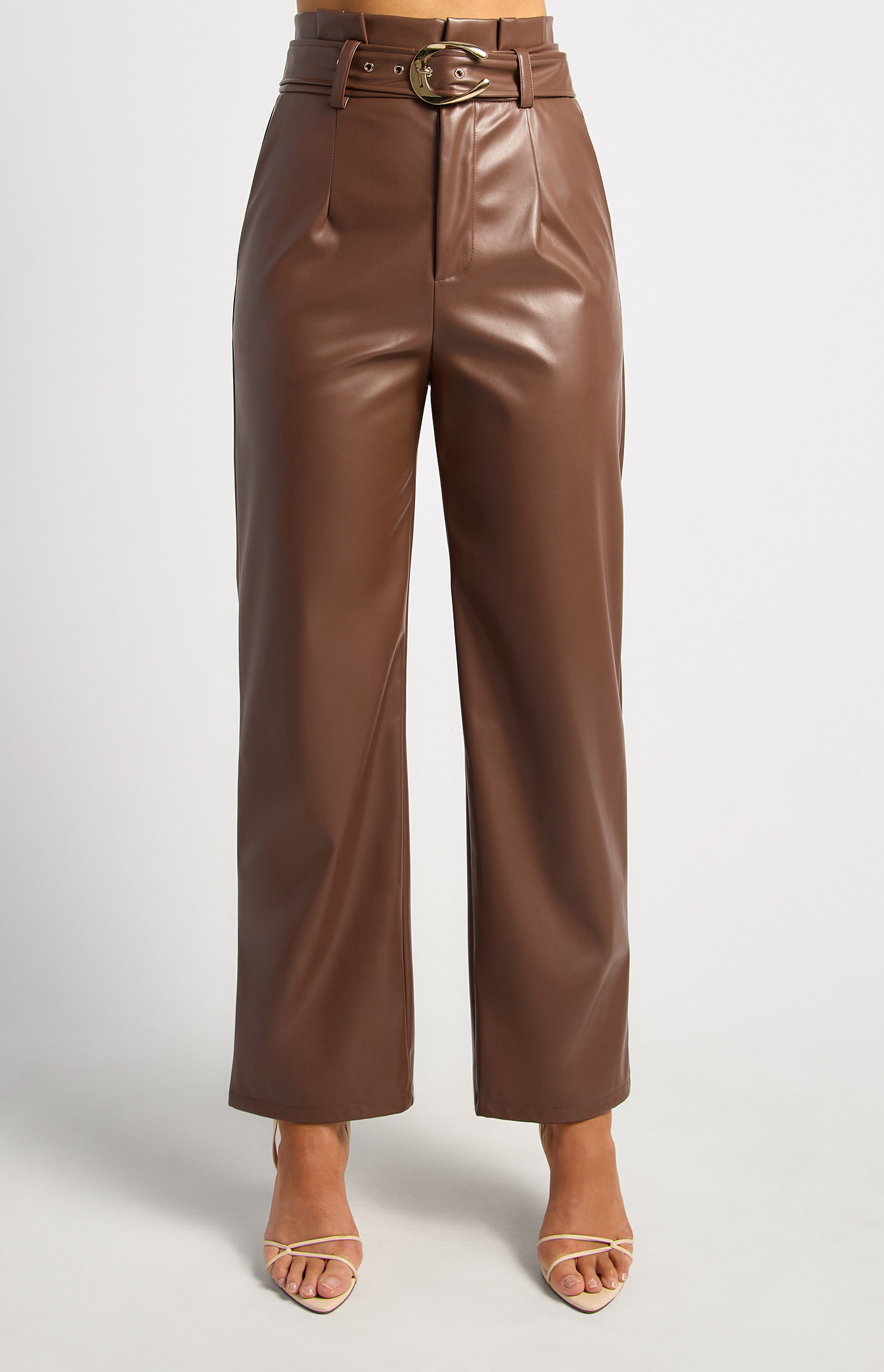 Pleat Waist Faux Leather Pants With Gold Buckle (WPA350B)